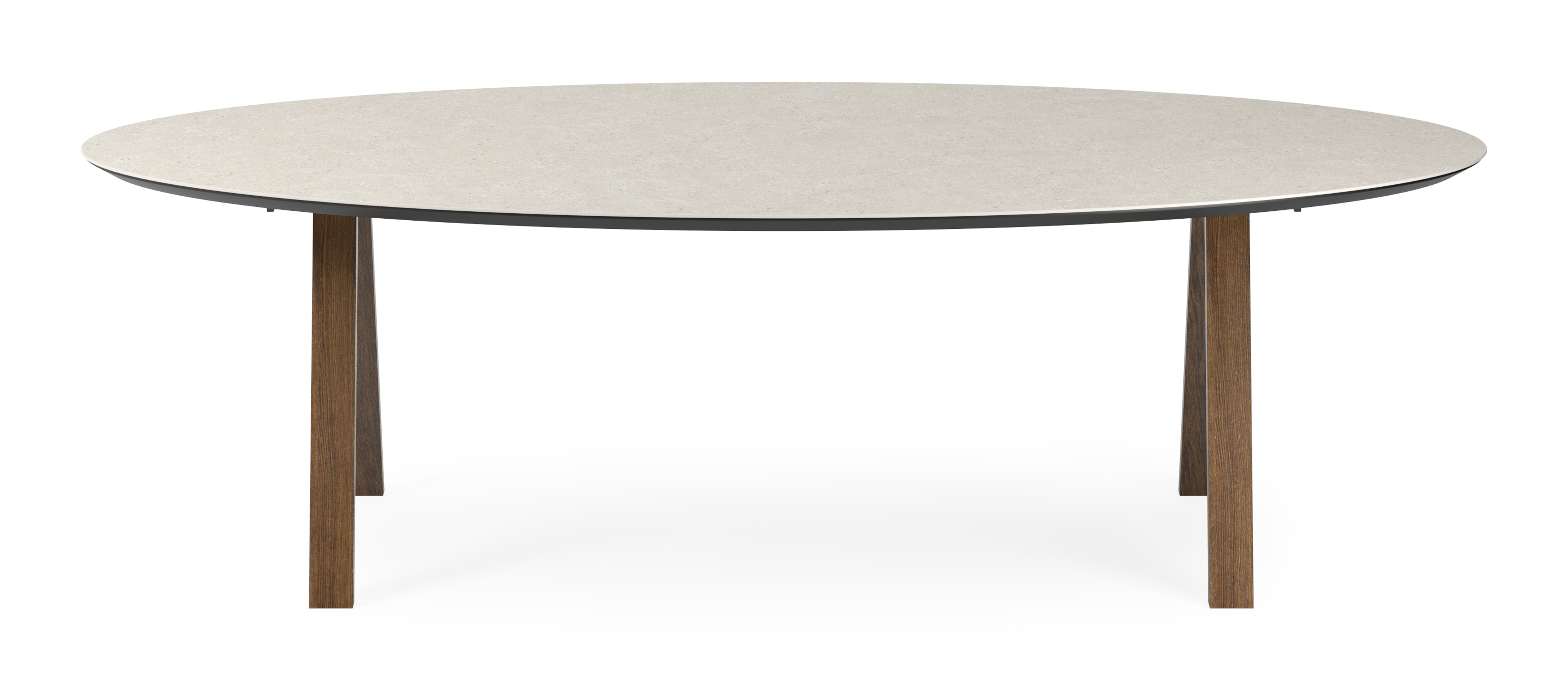 Eettafel Tiendo onderstel in gerookte eik met ovaal volkeramisch Ceramo blad in kleur Shilin 260 x 130 x 77 cm