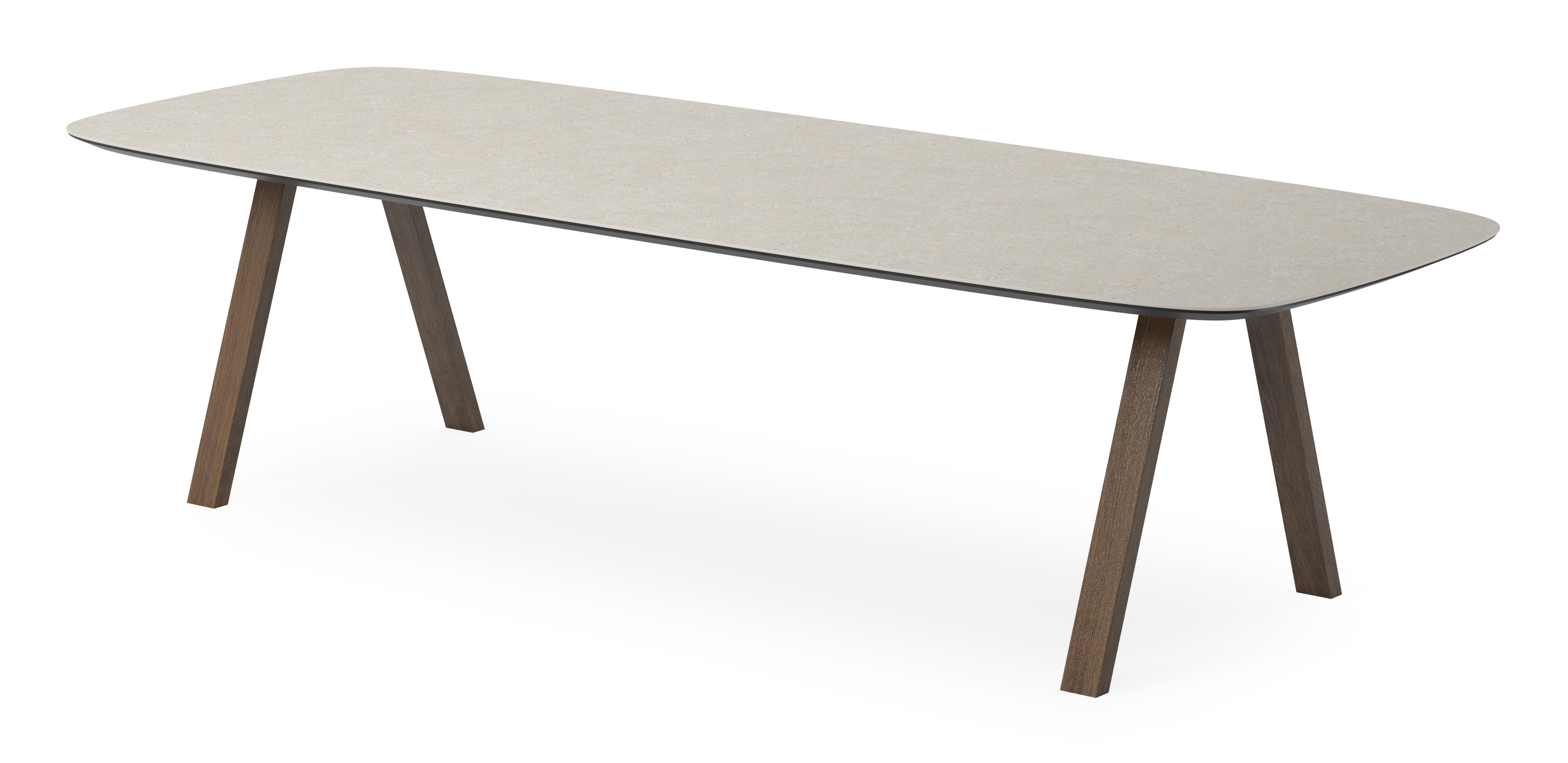 Table de salle à manger Tiendo armature en chêne fumé avec plateau Ceramo forme arrondie en céramique en couleur Shilin 300 x 115 x 77 cm