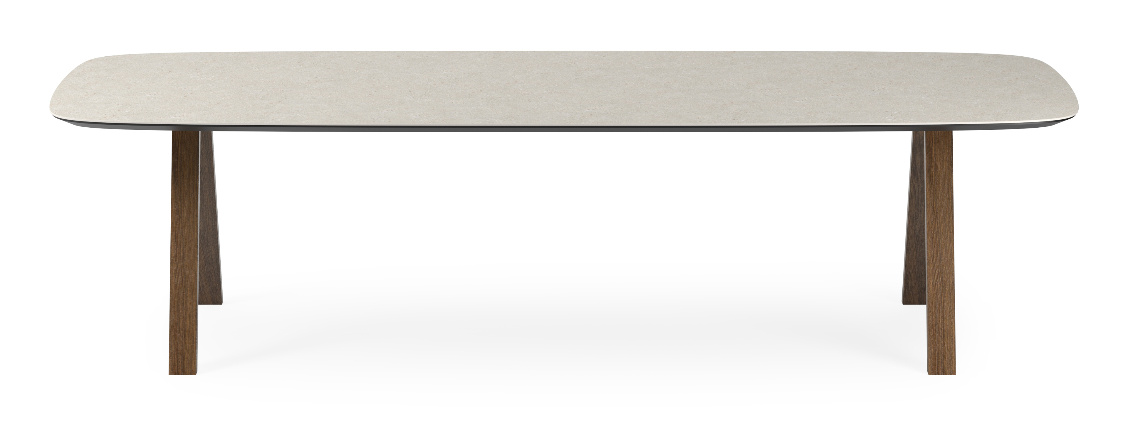 Table de salle à manger Tiendo armature en chêne fumé avec plateau Ceramo forme arrondie en céramique en couleur Shilin 300 x 115 x 77 cm