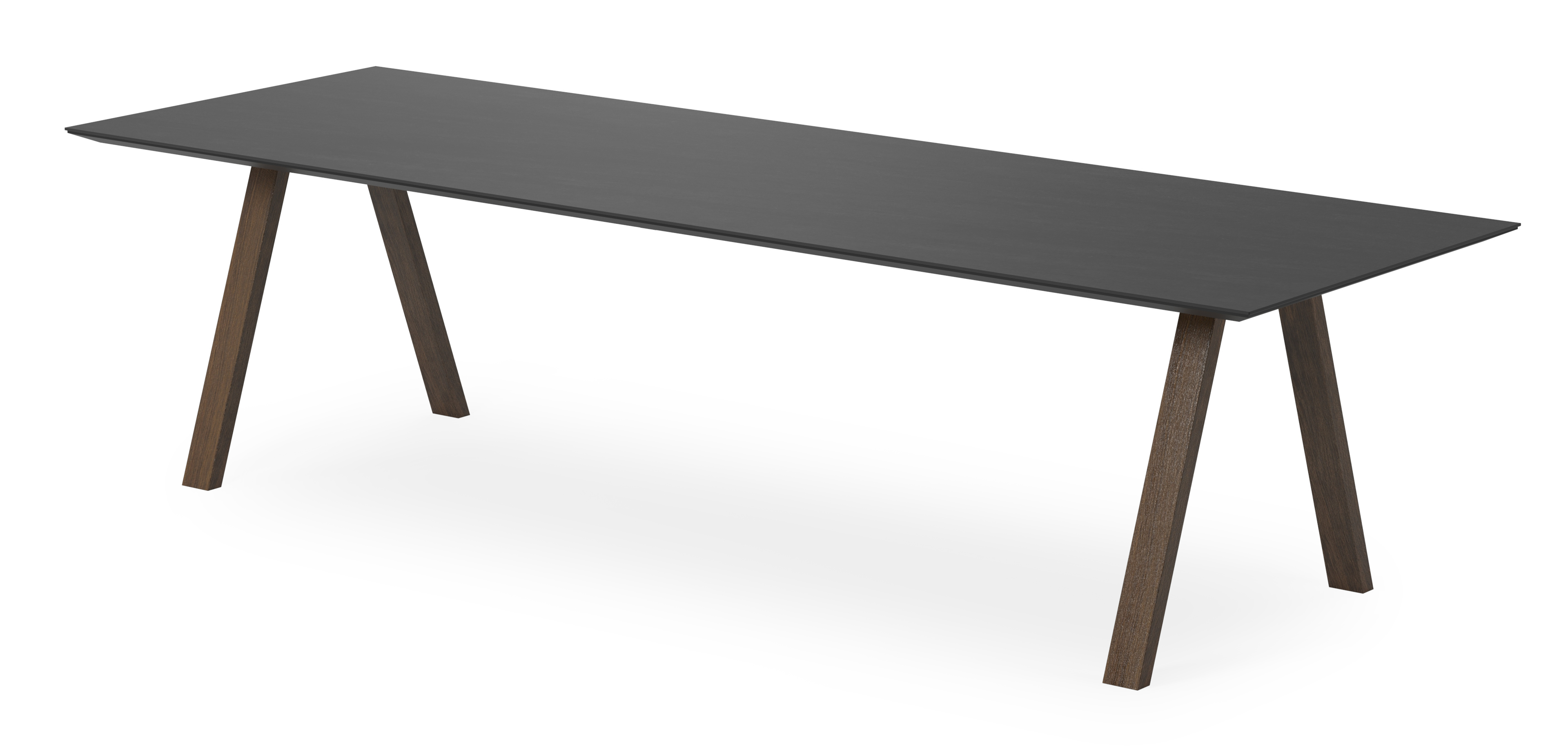 Eettafel Tiendo onderstel in gerookte eik met rechthoekig volkeramisch Ceramo blad in kleur Basalt Black 300 x 110 x 77 cm