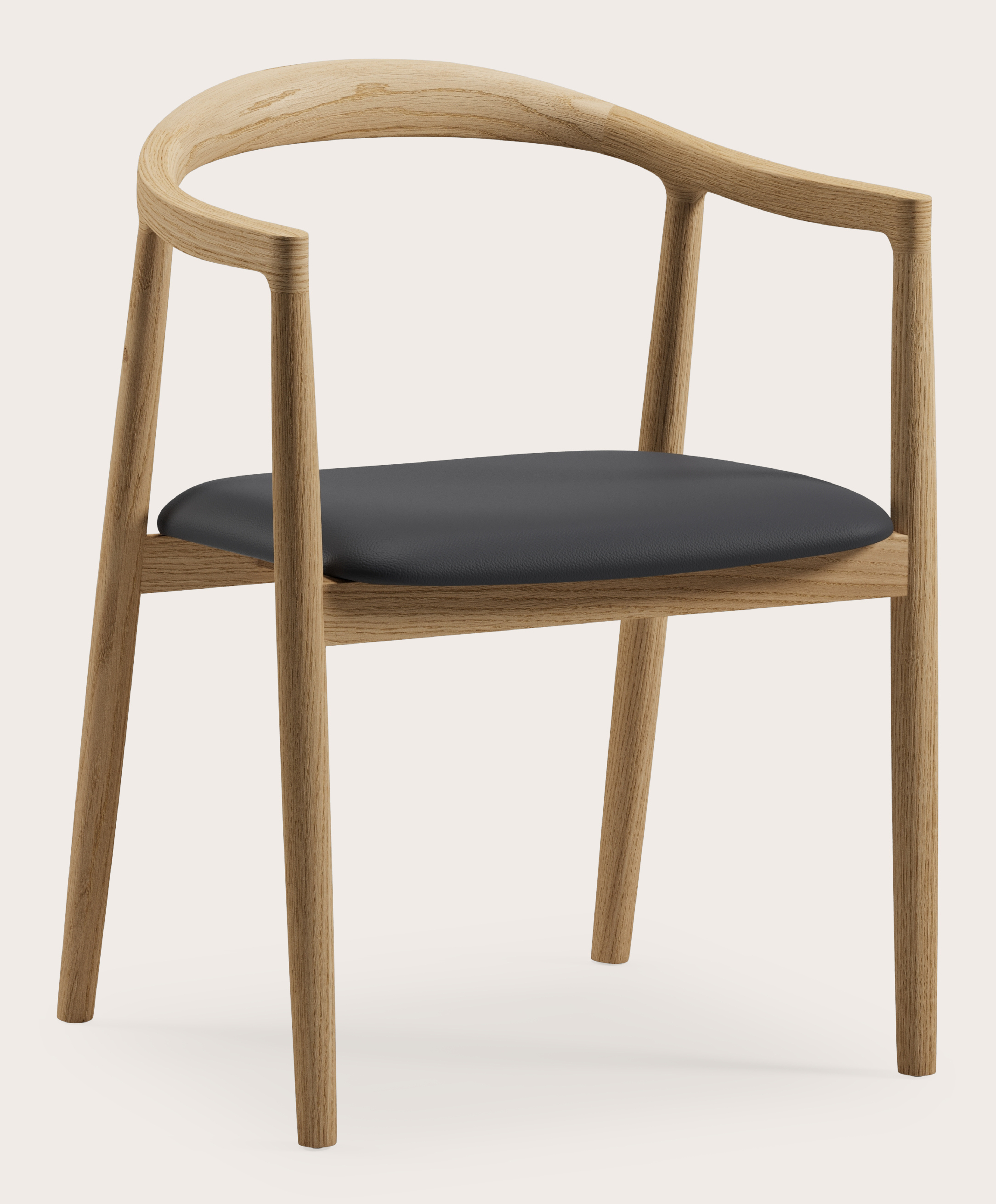 Noto armstoel in massieve natuurkleurige eik met zitting in Cuiro leder Nero