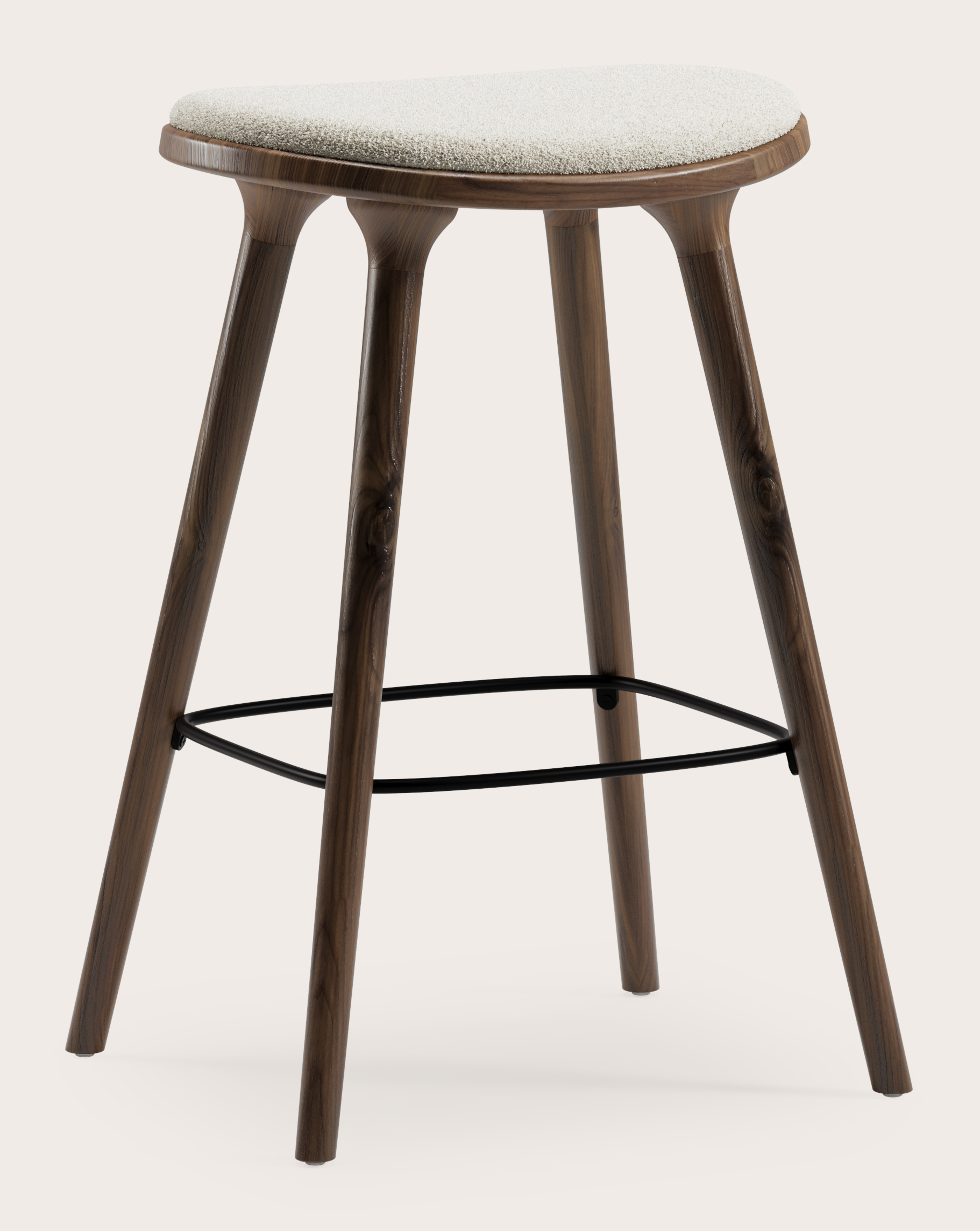 Tabouret de bar basse Olbia en noyer massif avec assise en Aria tissu Mastic