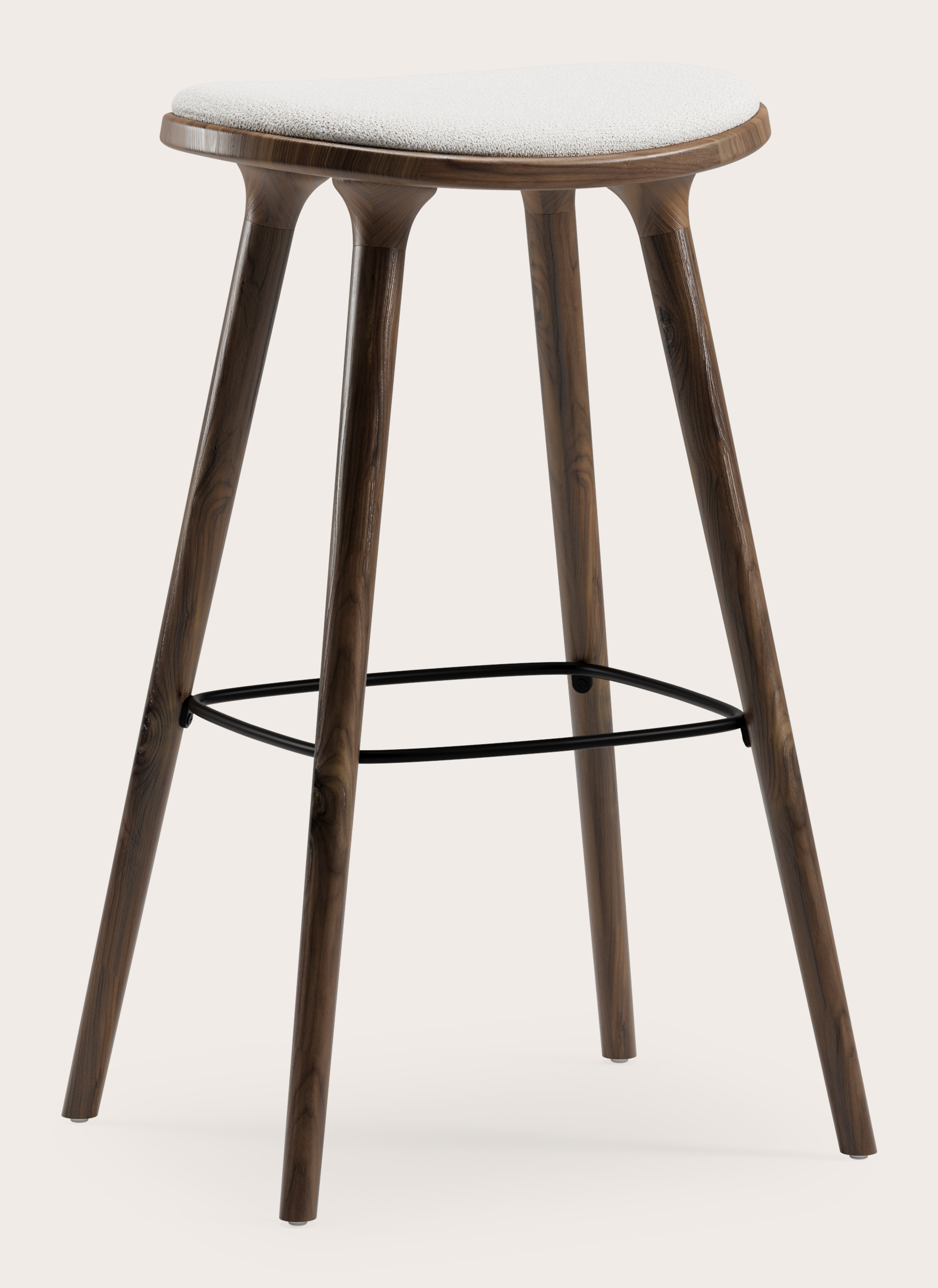Olbia hoge barstoel in massieve walnoot met zitting in Dolce stof Feather
