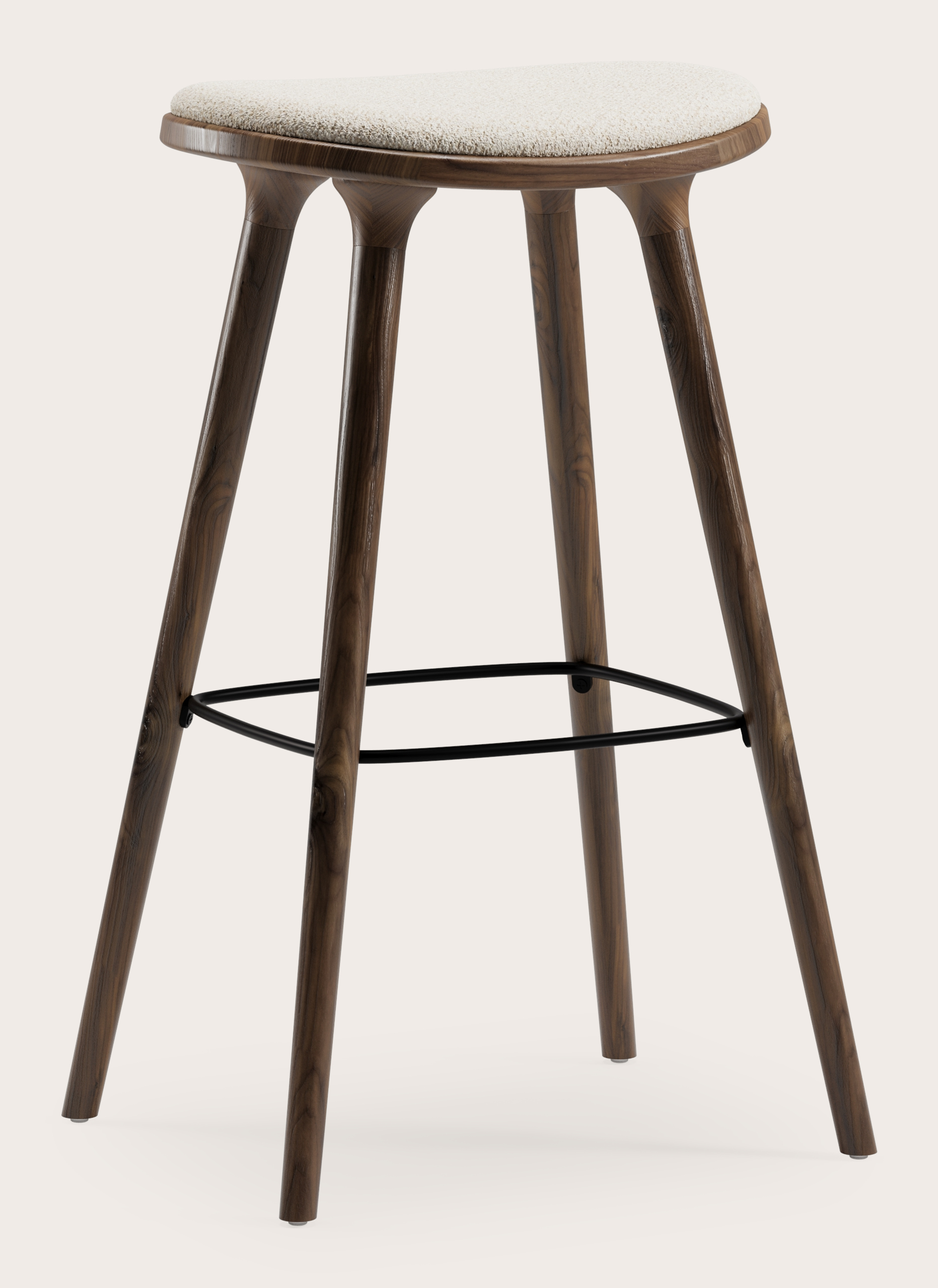 Tabouret de bar haute Olbia en noyer massif avec assise en Mezzo tissu Ecru