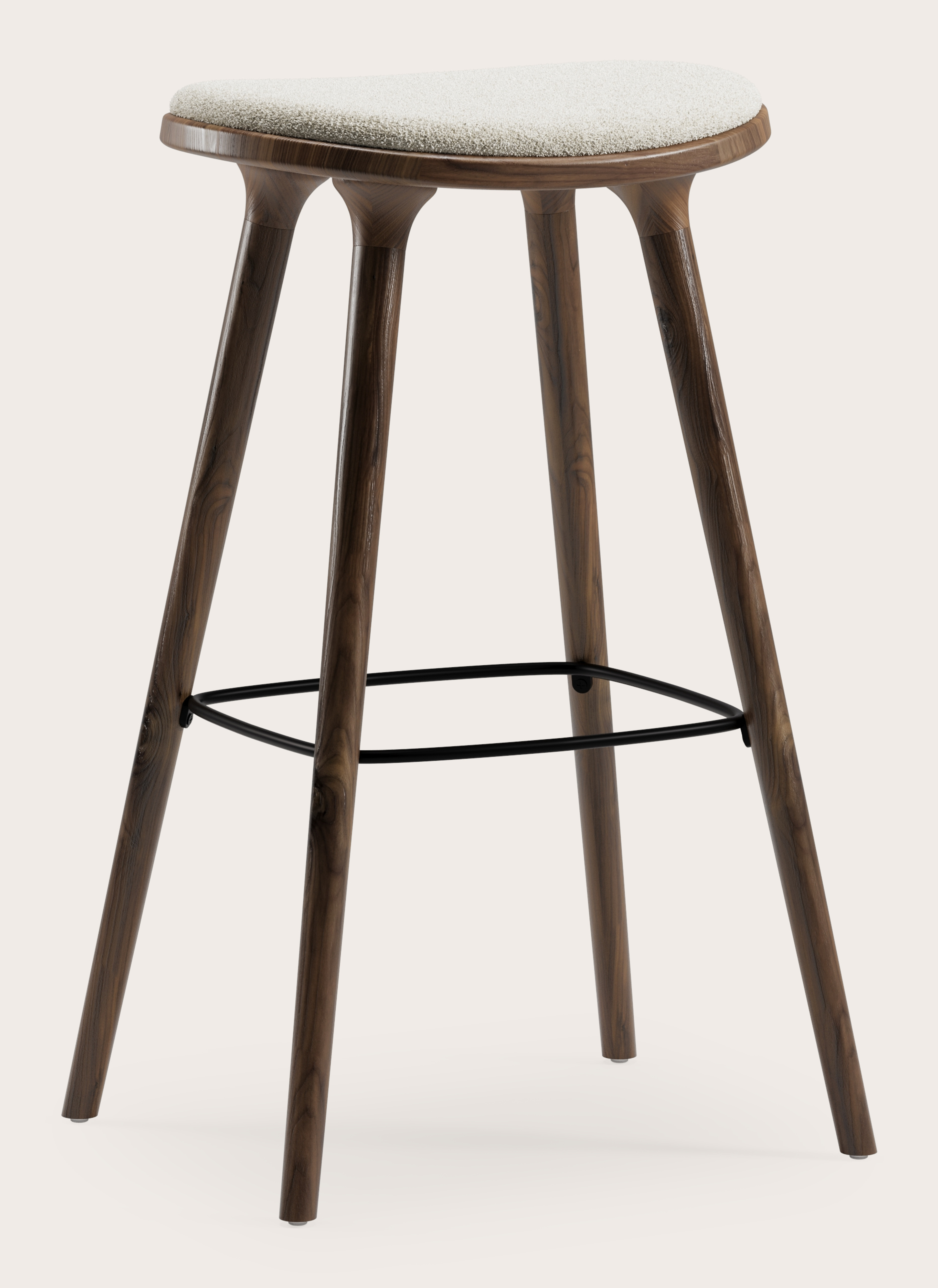 Tabouret de bar haute Olbia en noyer massif avec assise en Aria tissu Mastic