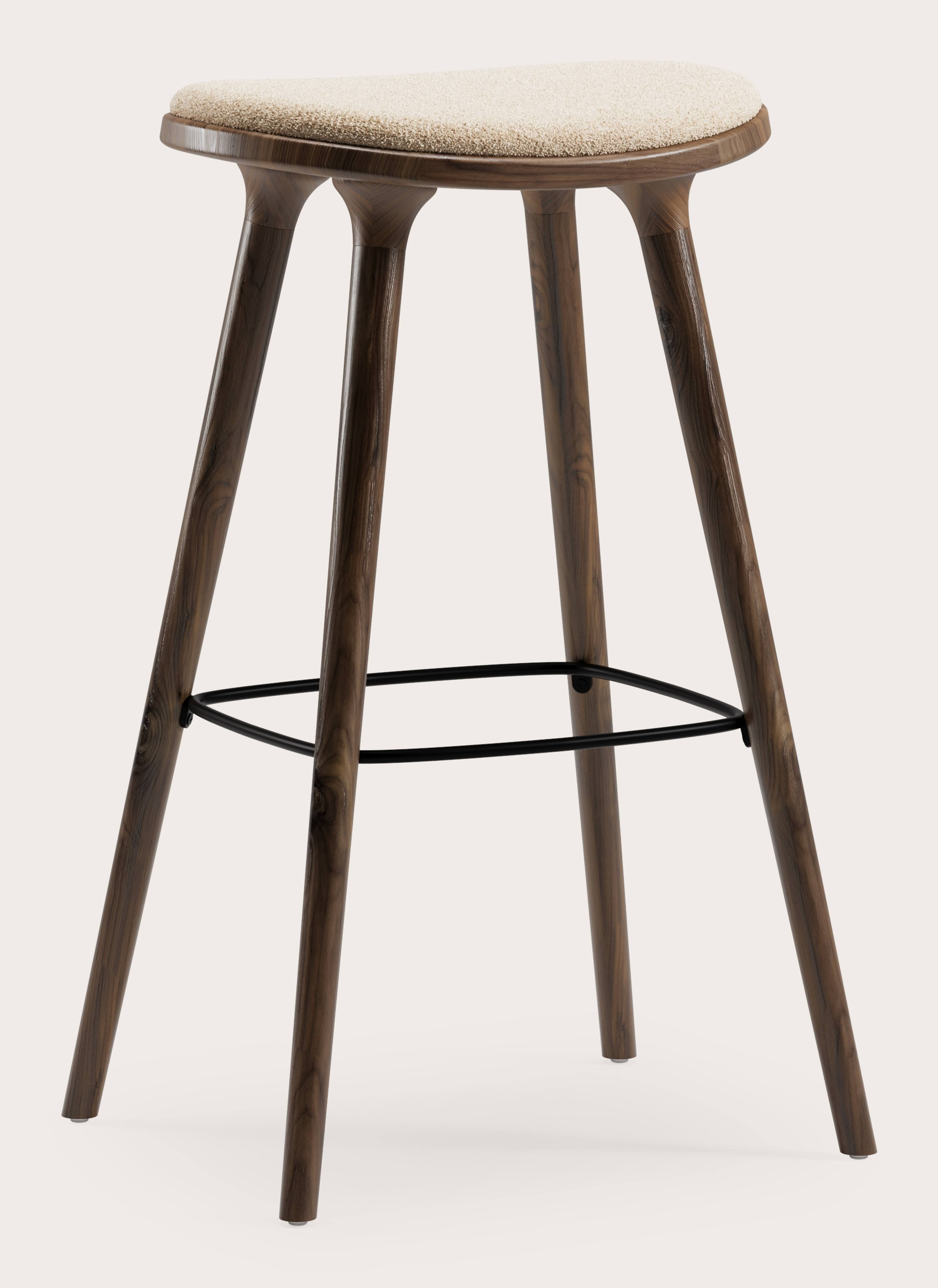 Tabouret de bar haute Olbia en noyer massif avec assise en Aria tissu Beige
