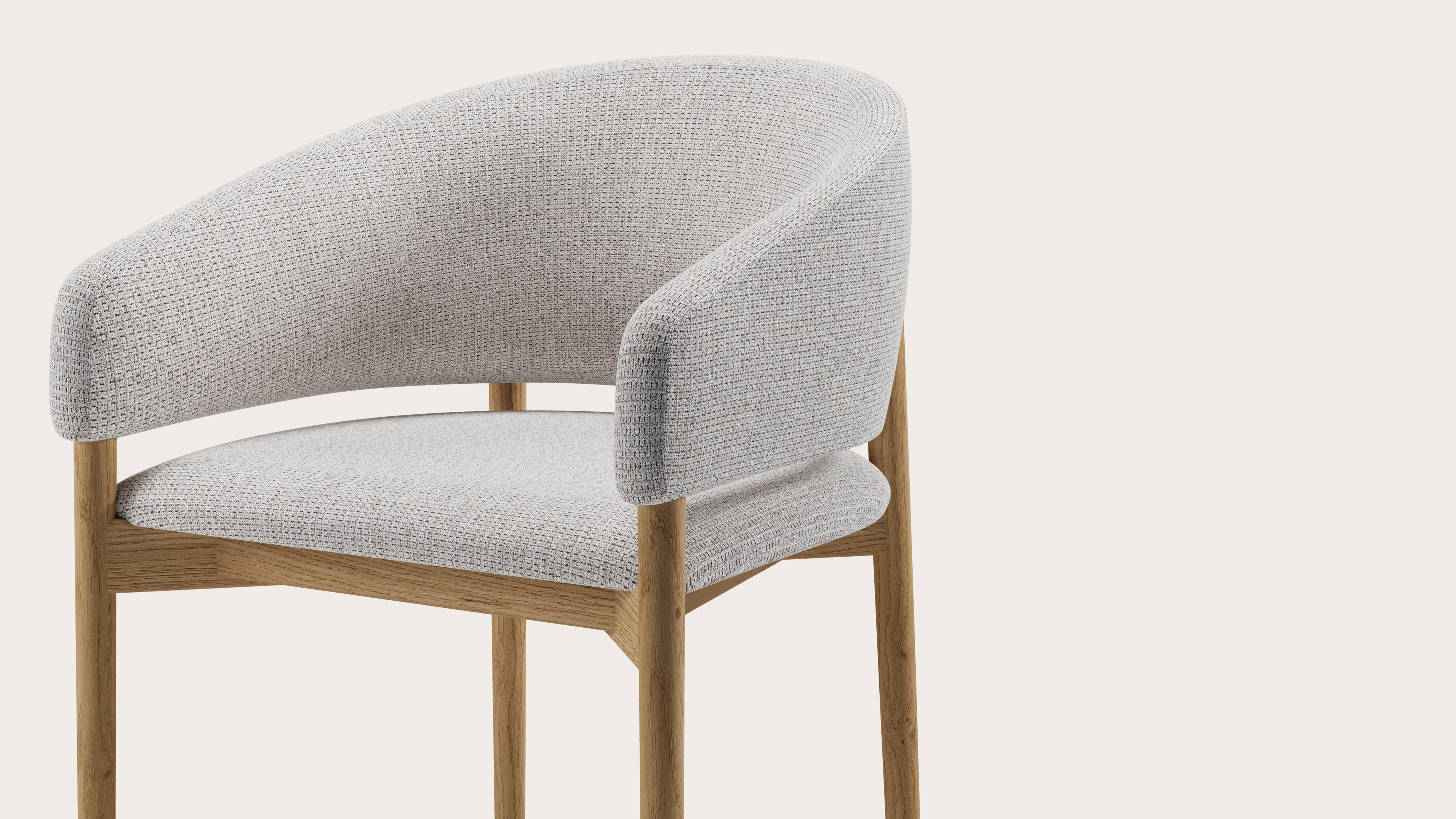 Fauteuil Comino en Fuga tissu Grey avec pied de chaise en chêne couleur naturelle