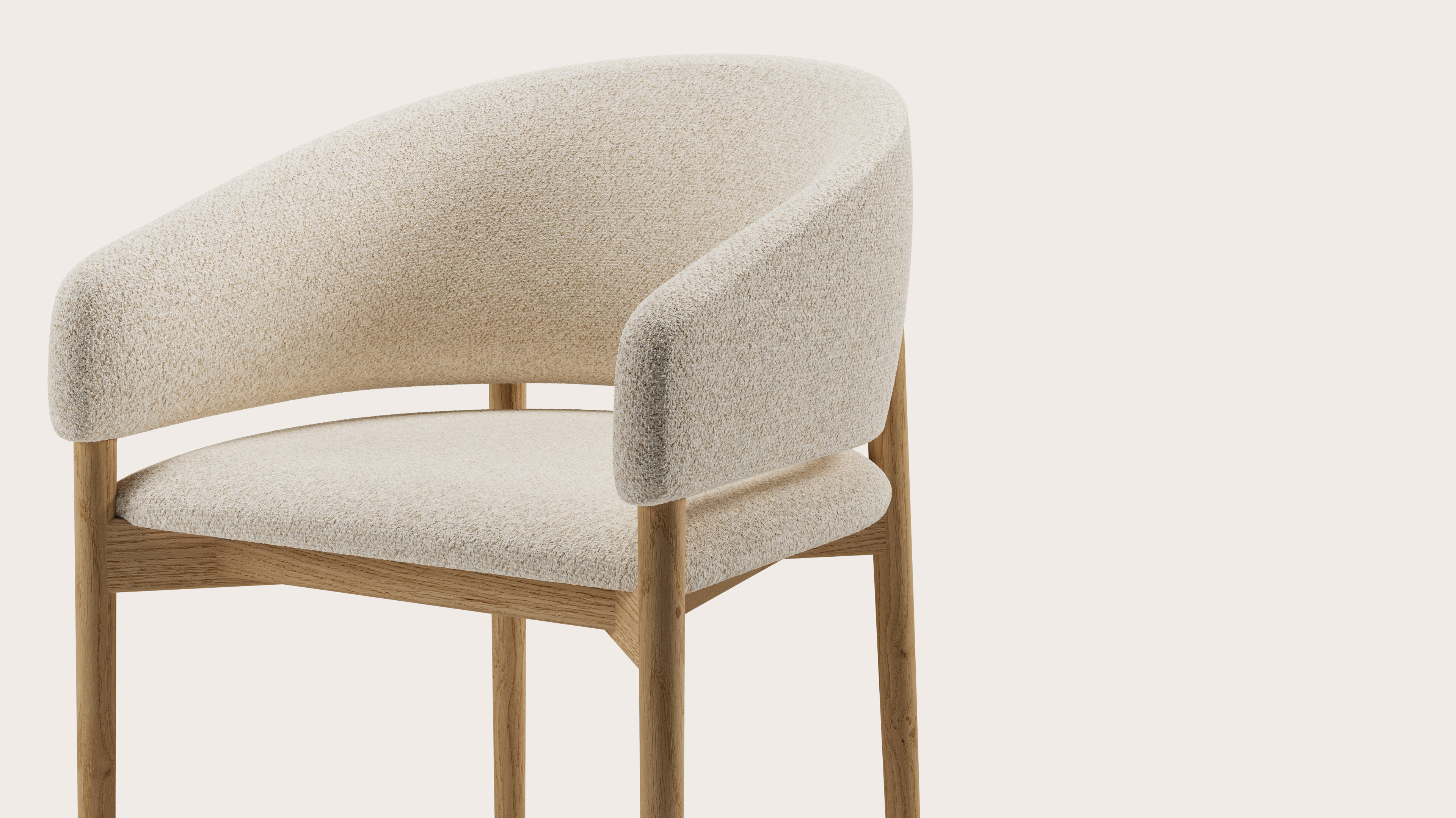 Comino armstoel in Mezzo stof Ecru met stoelpoot in natuurkleurige eik