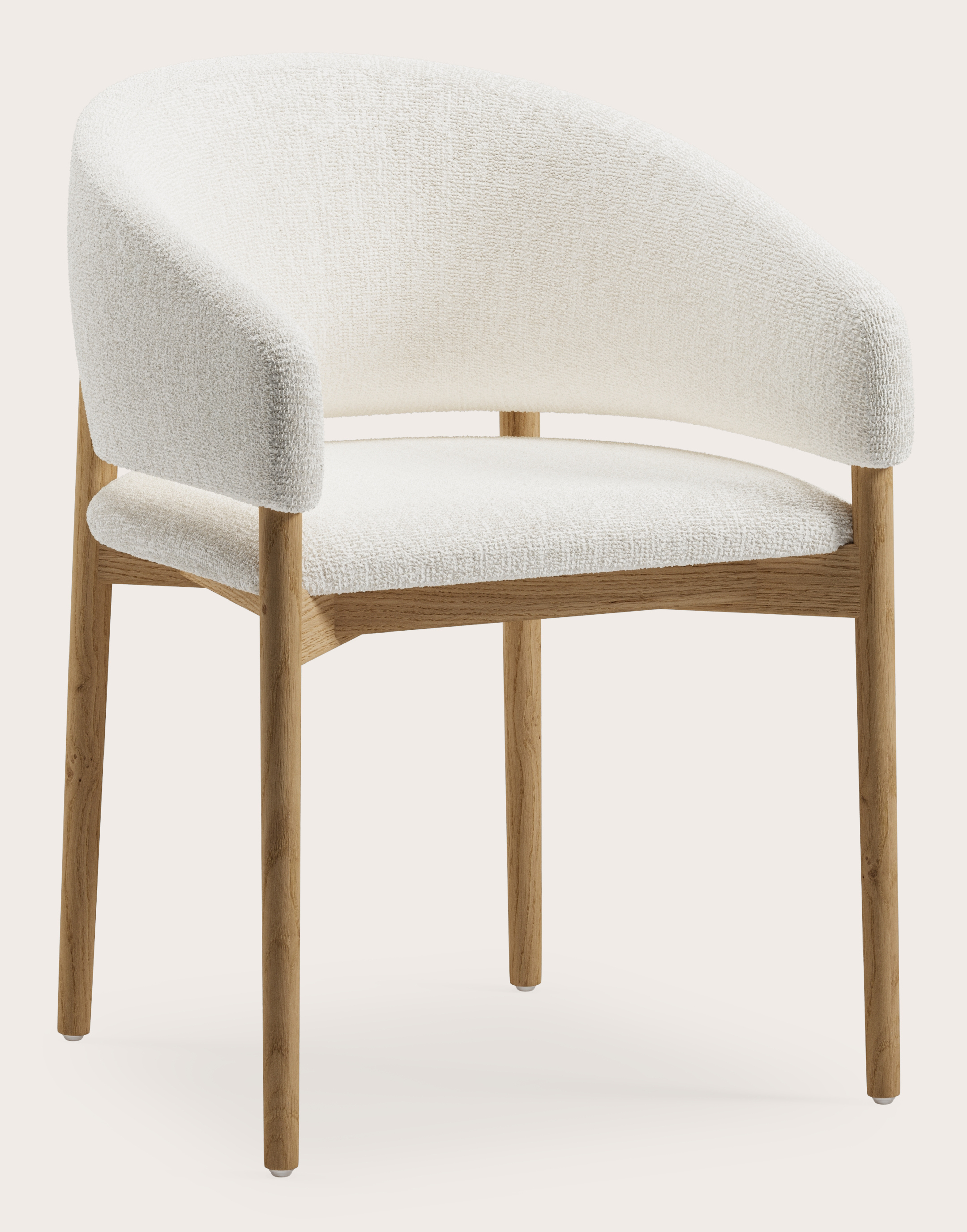 Fauteuil Comino en Poco tissu White avec pied de chaise en chêne couleur naturelle