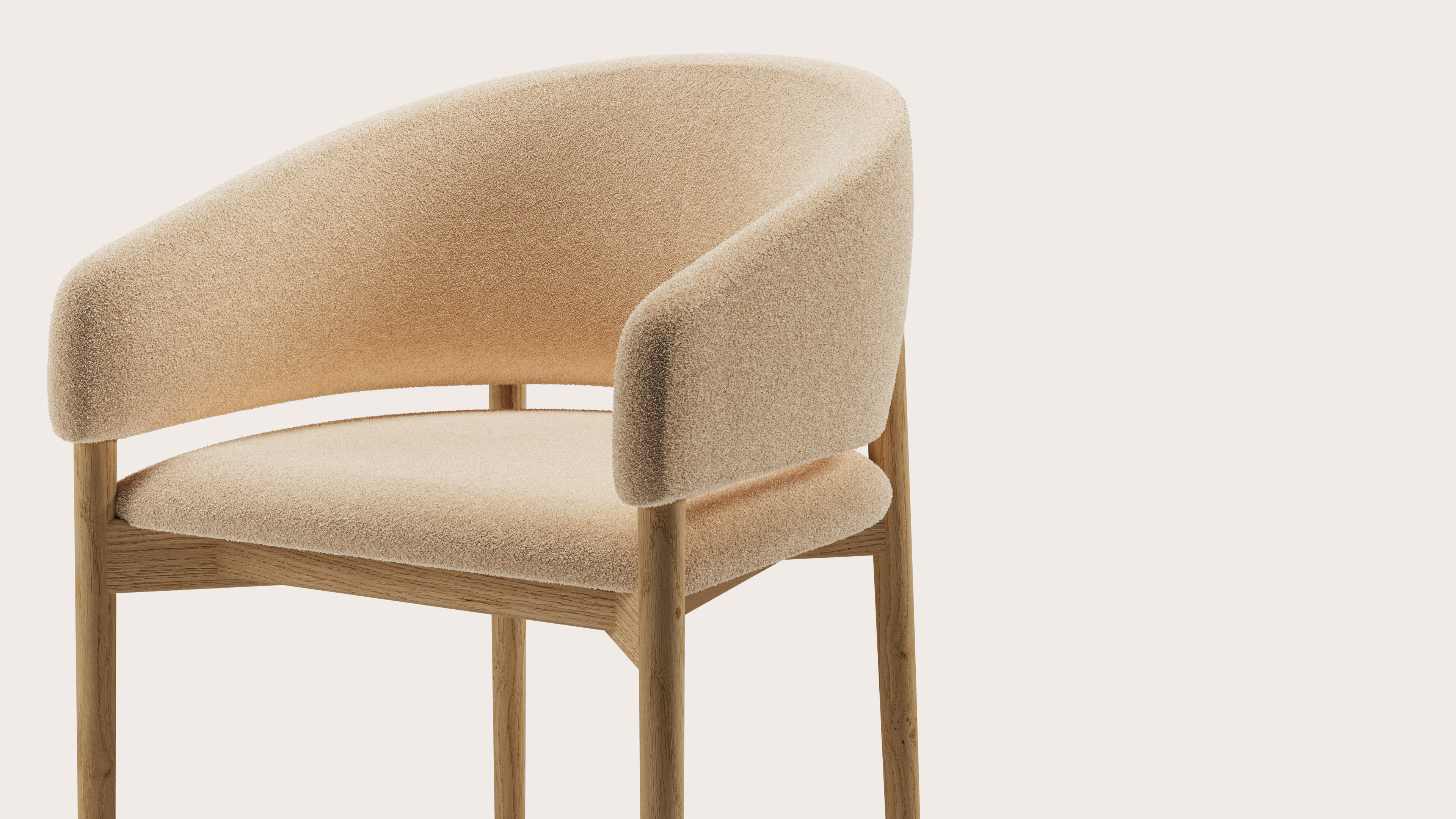 Comino armstoel in Aria stof Beige met stoelpoot in natuurkleurige eik