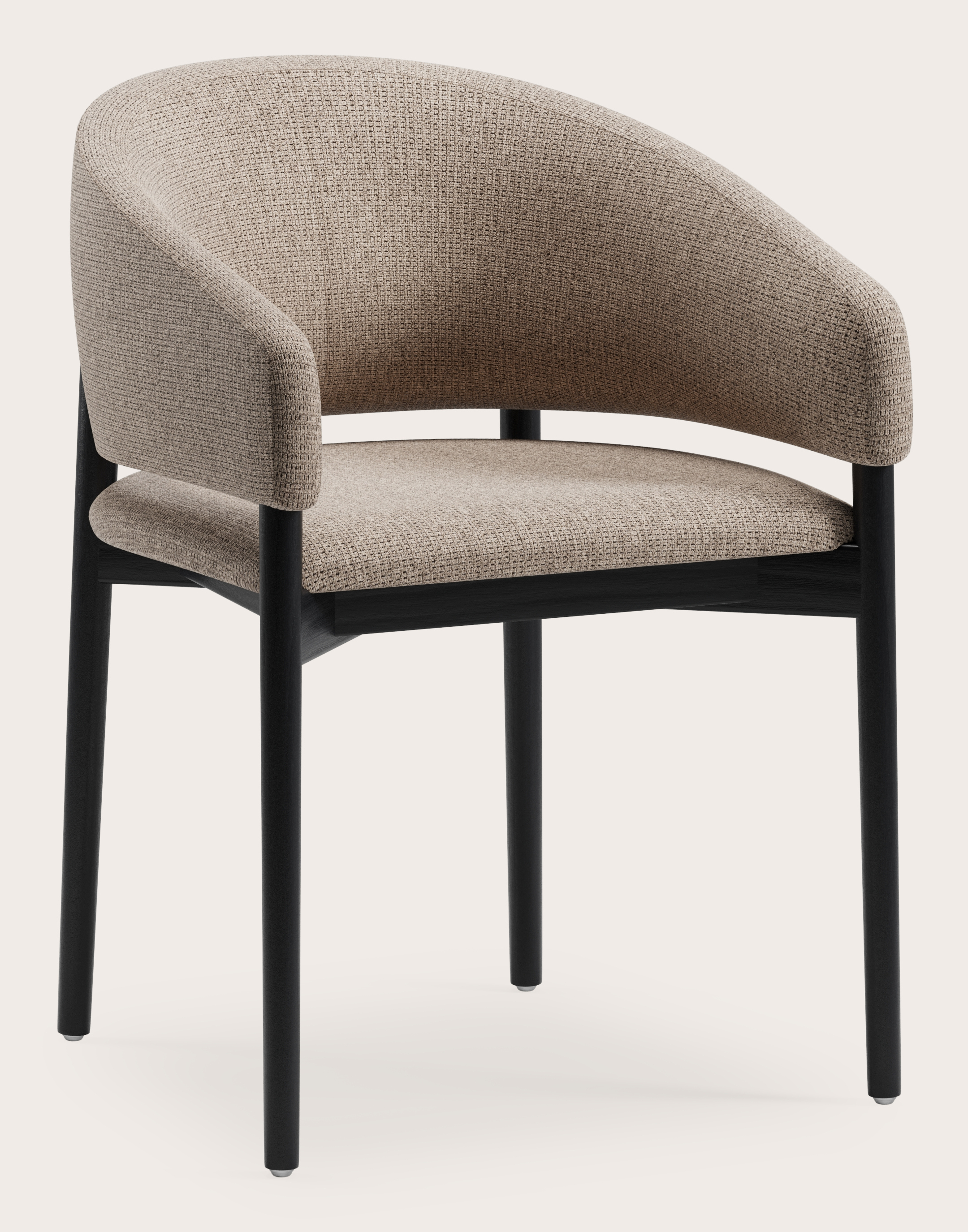 Fauteuil Comino en Fuga tissu Taupe avec pied de chaise en chêne noir