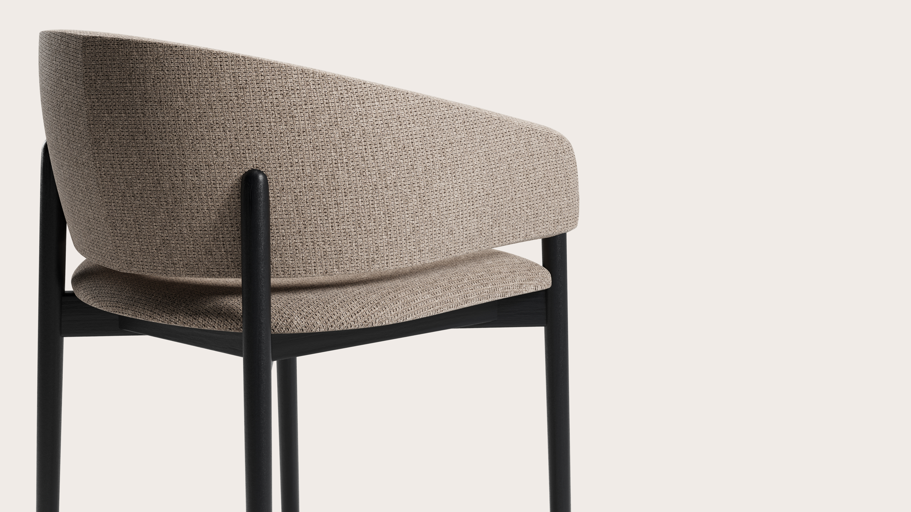 Fauteuil Comino en Fuga tissu Taupe avec pied de chaise en chêne noir