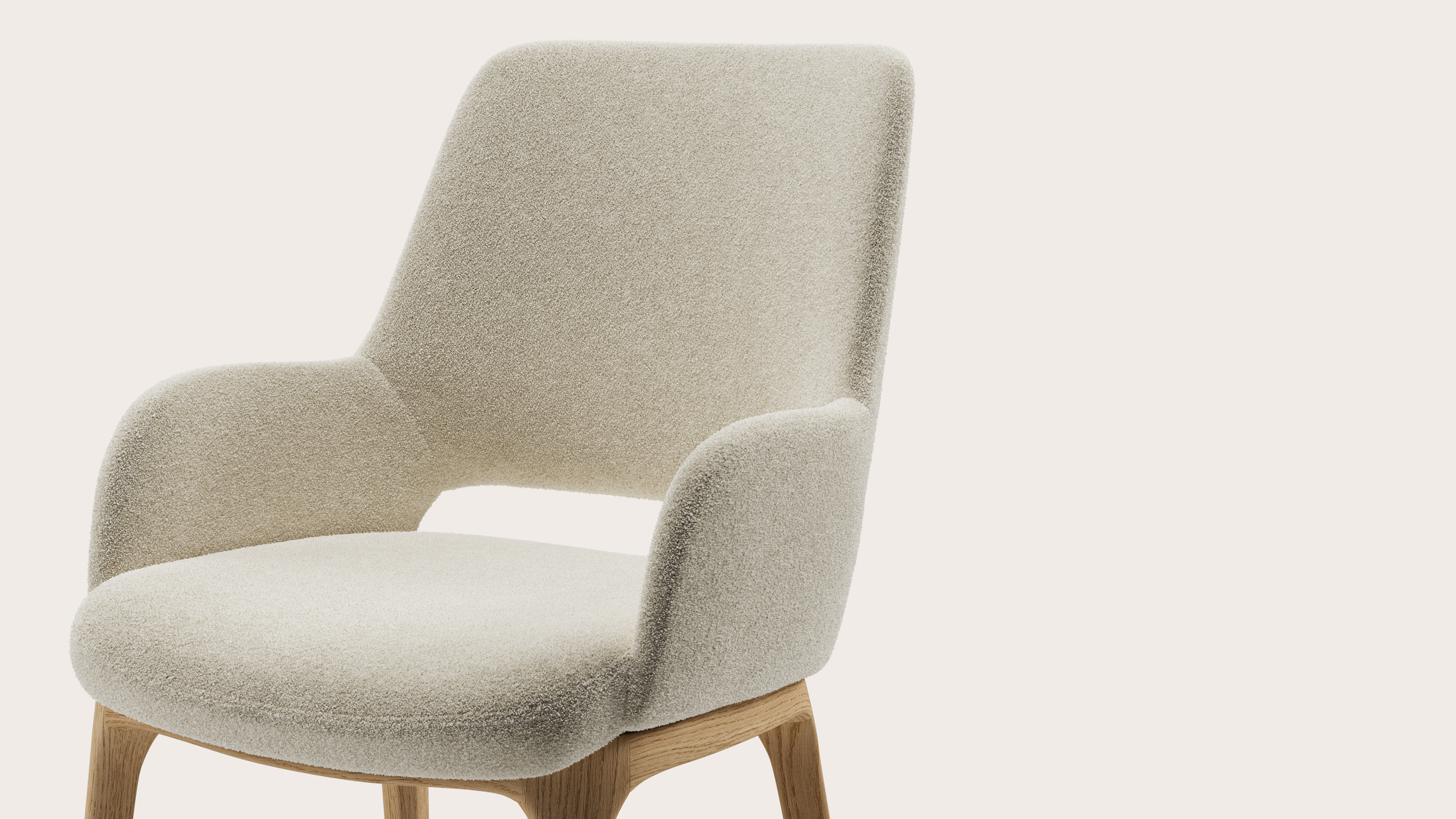 Fauteuil Giulio en Aria tissu Mastic avec pied de chaise en chêne couleur naturelle