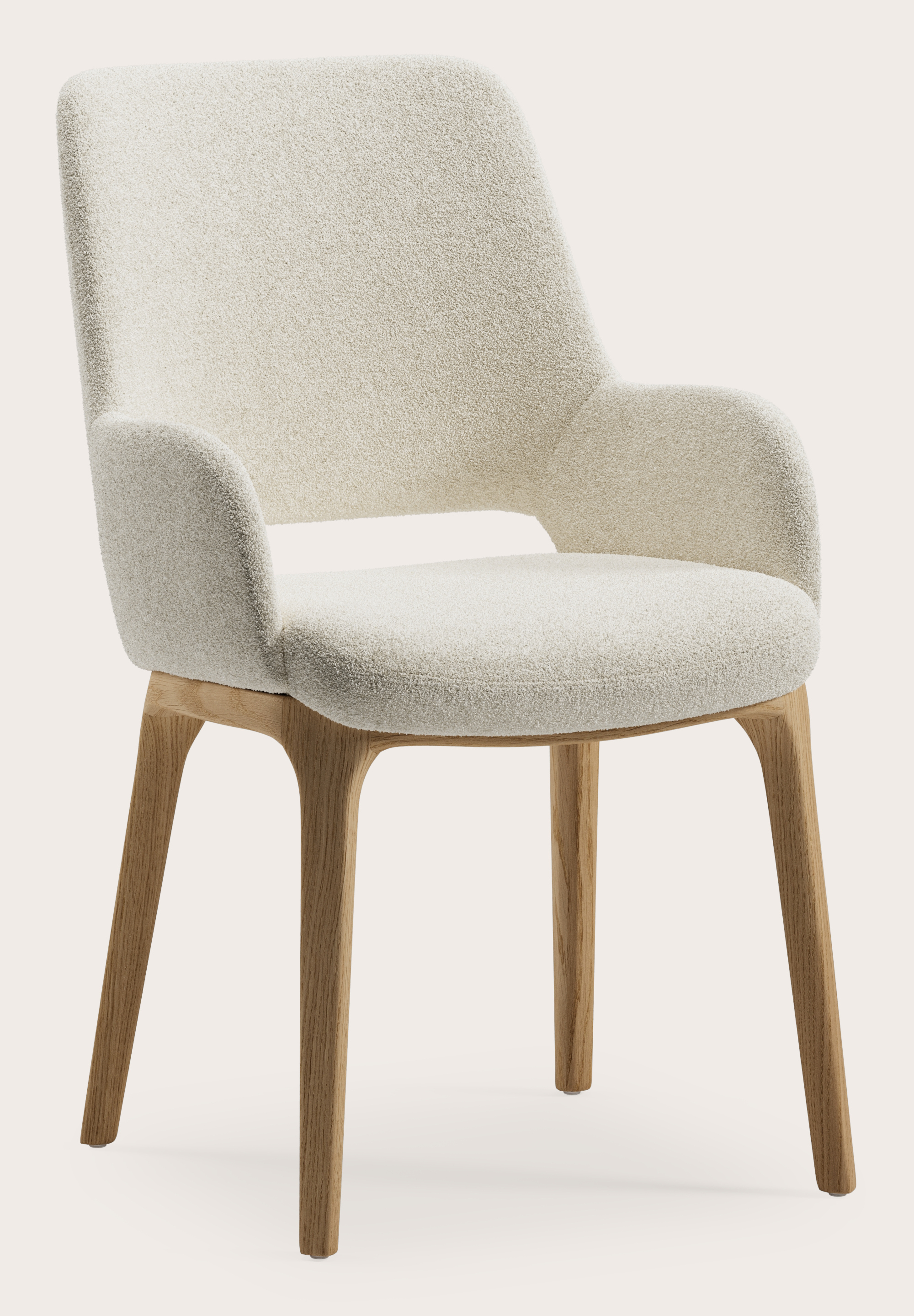 Fauteuil Giulio en Aria tissu Mastic avec pied de chaise en chêne couleur naturelle