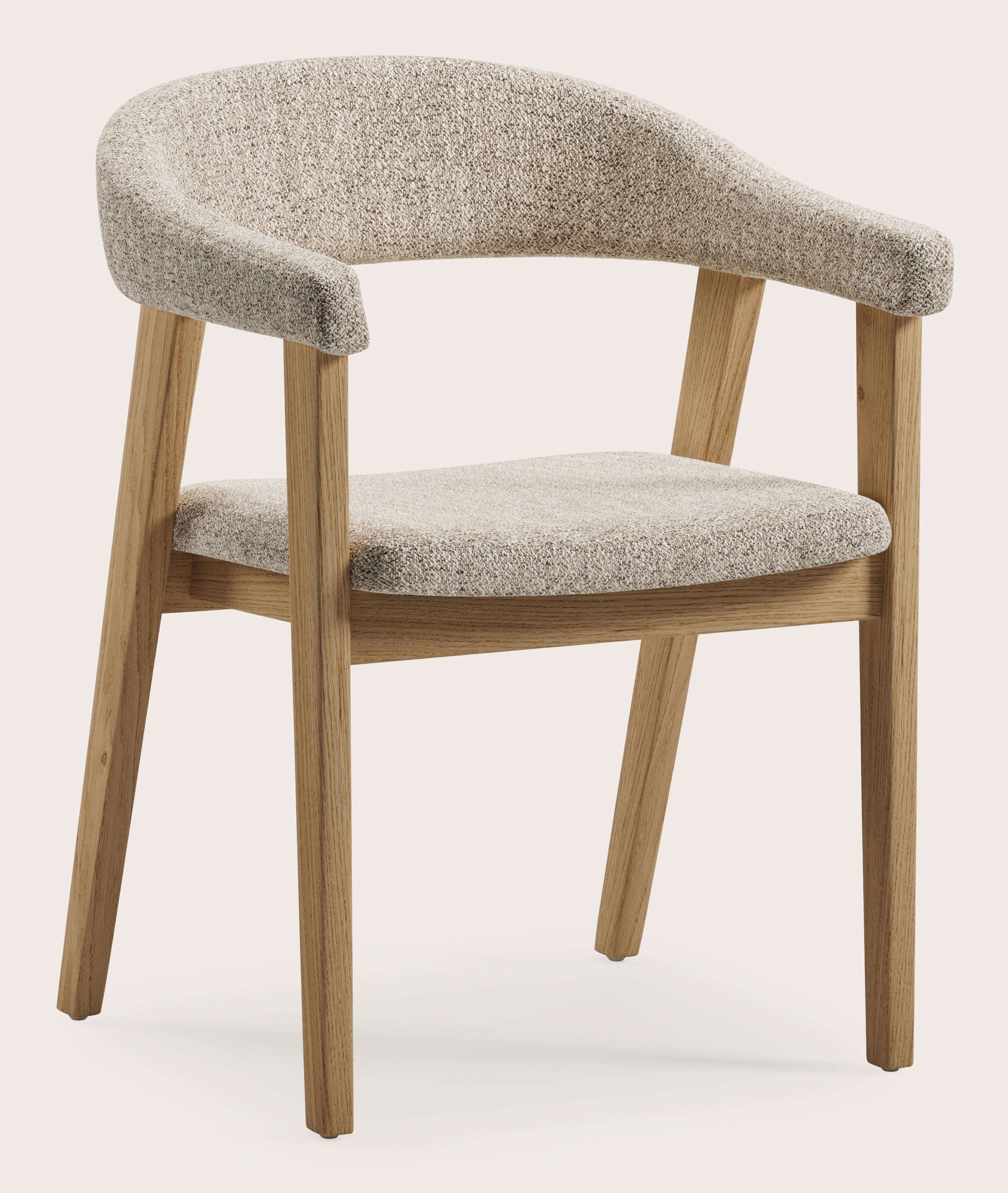 Fauteuil Gubbio en Stanza tissu Light Taupe avec pied de chaise en chêne couleur naturelle