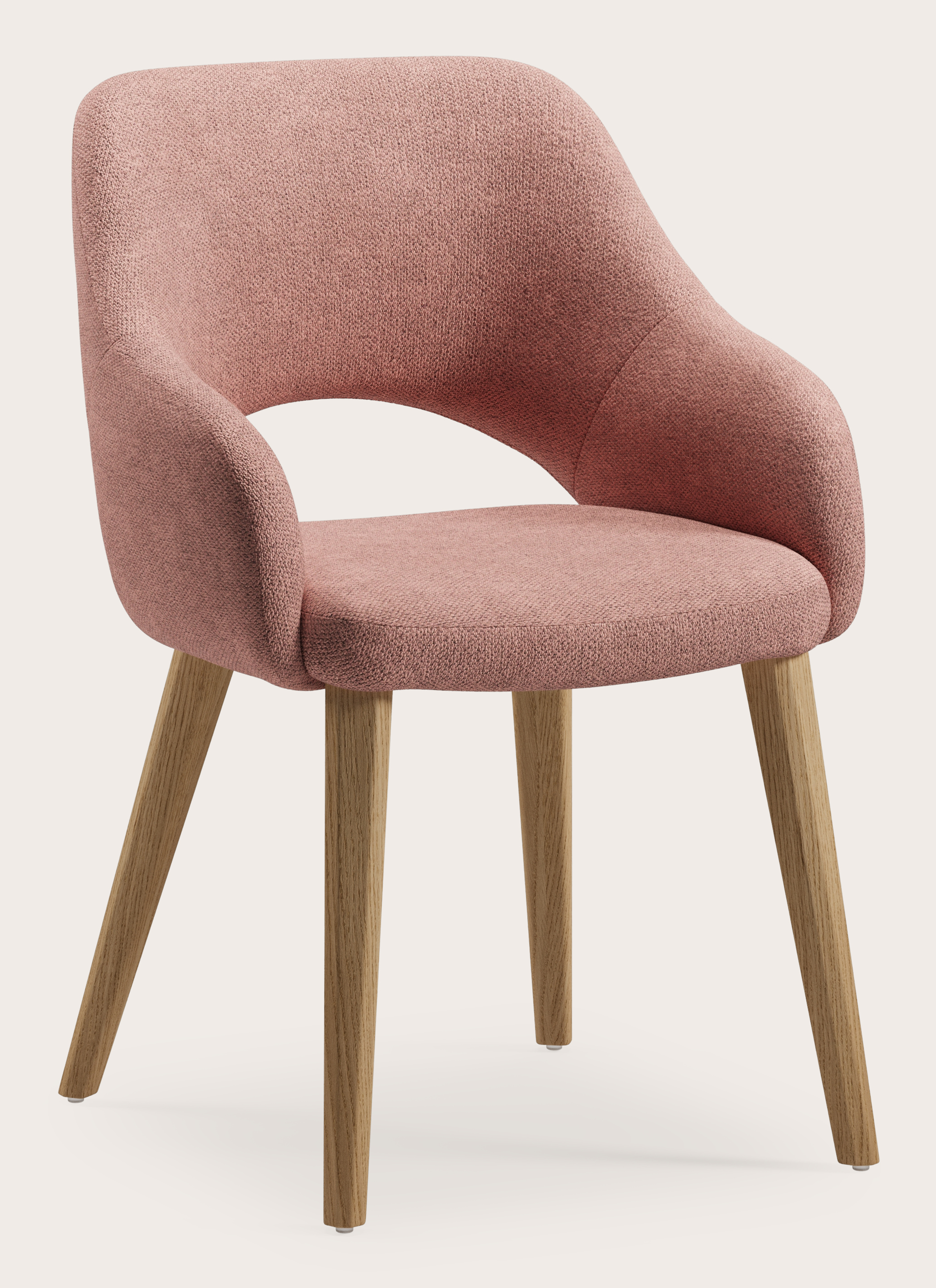 Fauteuil Gabrio en Volti tissu Rose avec pied de chaise en chêne couleur naturelle