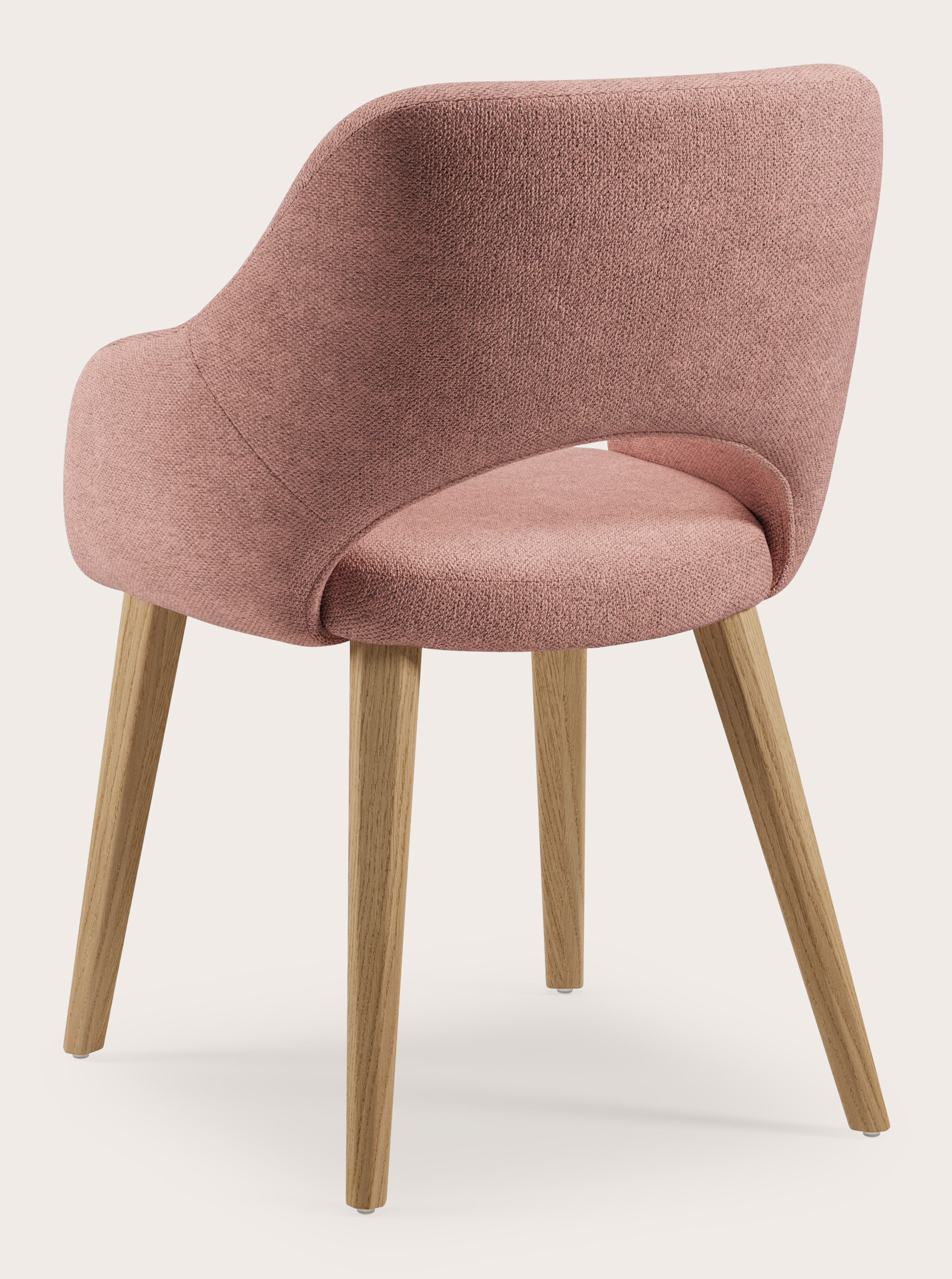 Fauteuil Gabrio en Volti tissu Rose avec pied de chaise en chêne couleur naturelle