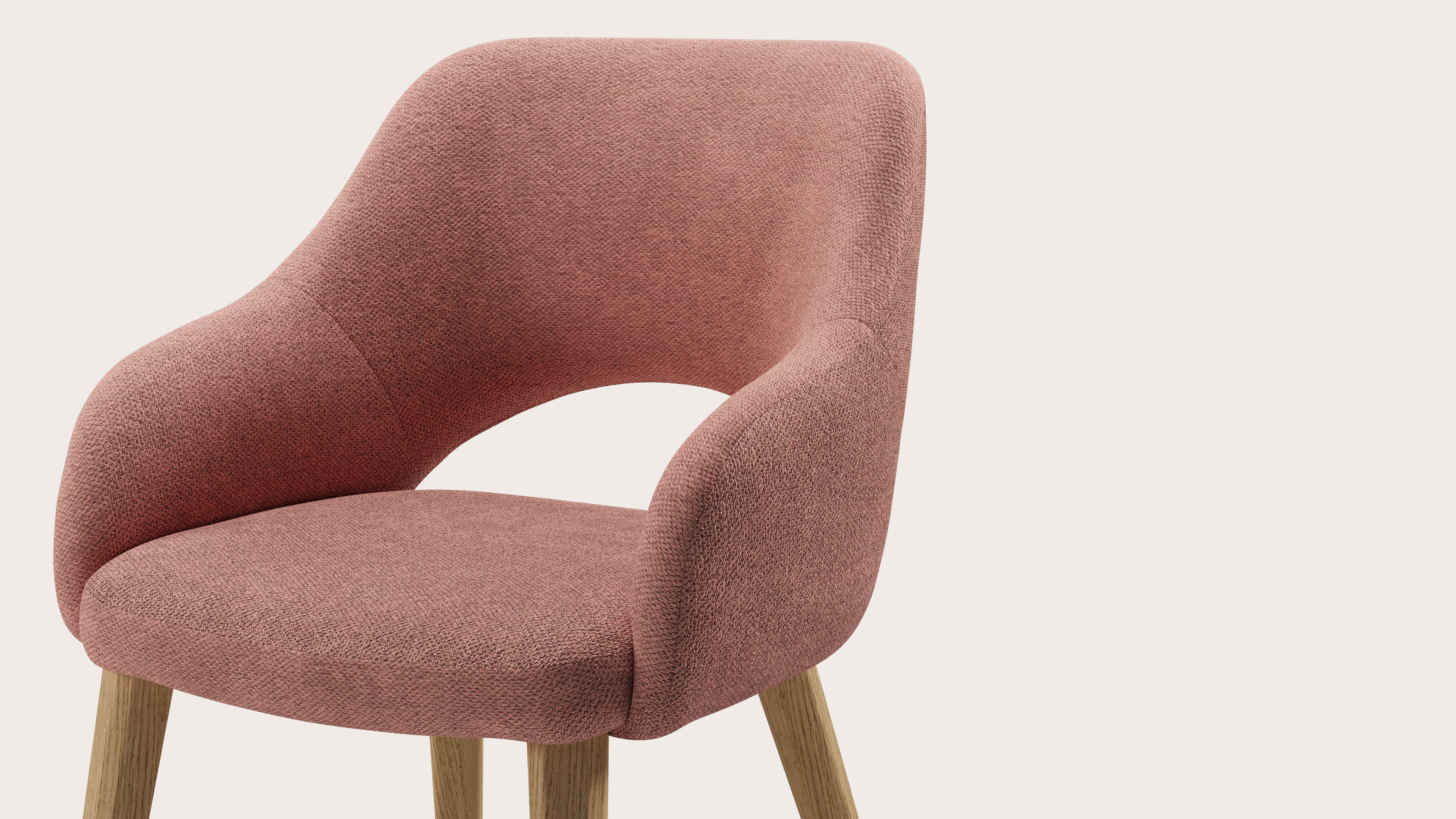 Fauteuil Gabrio en Volti tissu Rose avec pied de chaise en chêne couleur naturelle