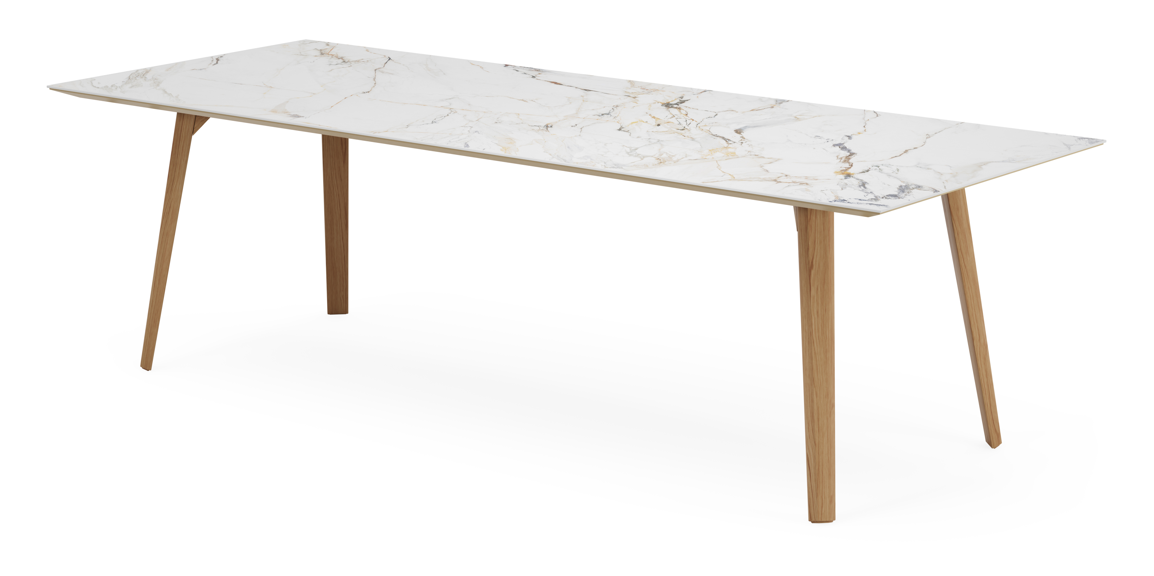 Table de salle à manger Clino armature en chêne couleur naturelle avec plateau Ceramo rectangulaire céramique en couleur Calacatta Luxe 260 x 100 x 77 cm