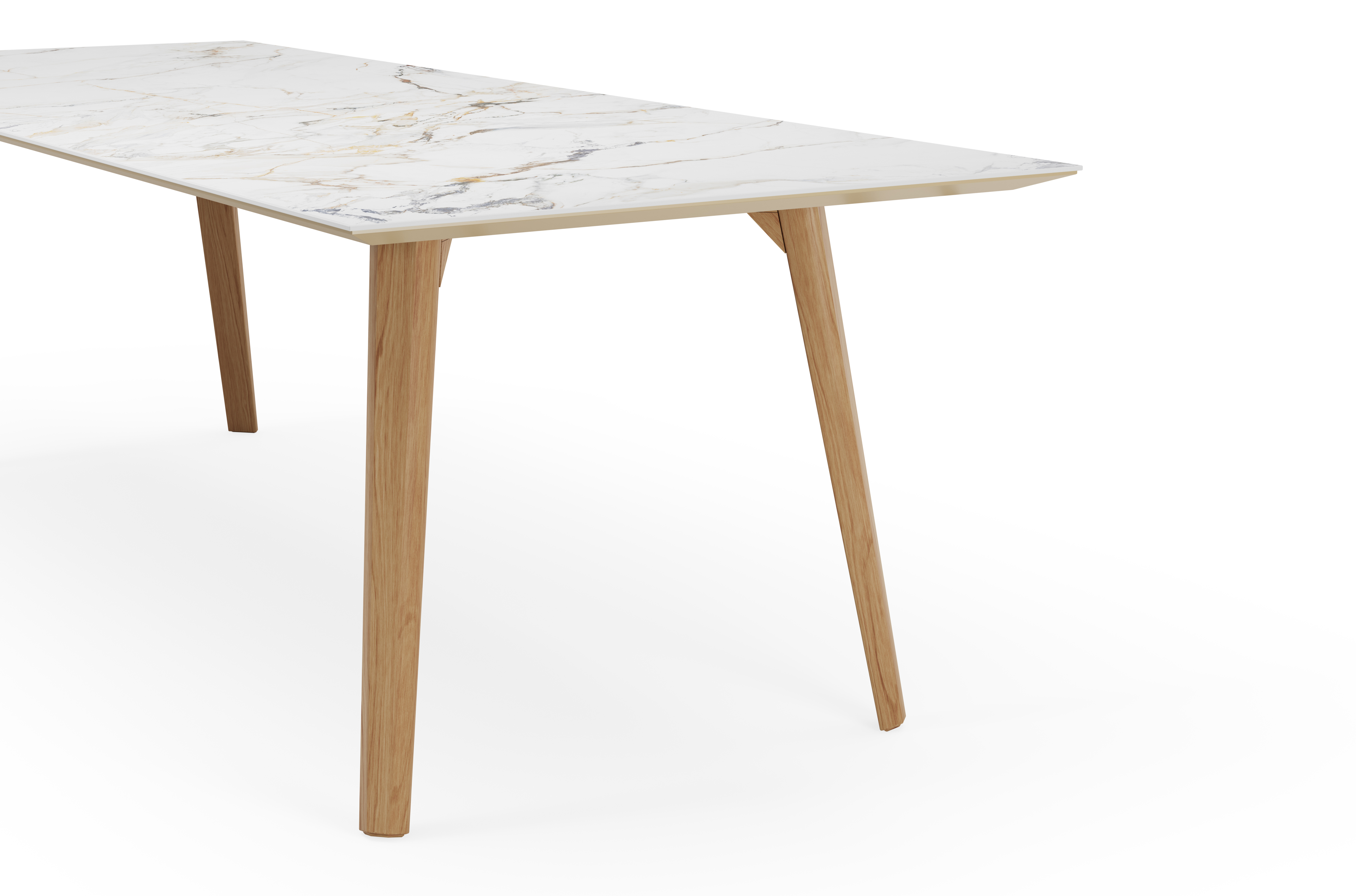 Table de salle à manger Clino armature en chêne couleur naturelle avec plateau Ceramo rectangulaire céramique en couleur Calacatta Luxe 260 x 100 x 77 cm