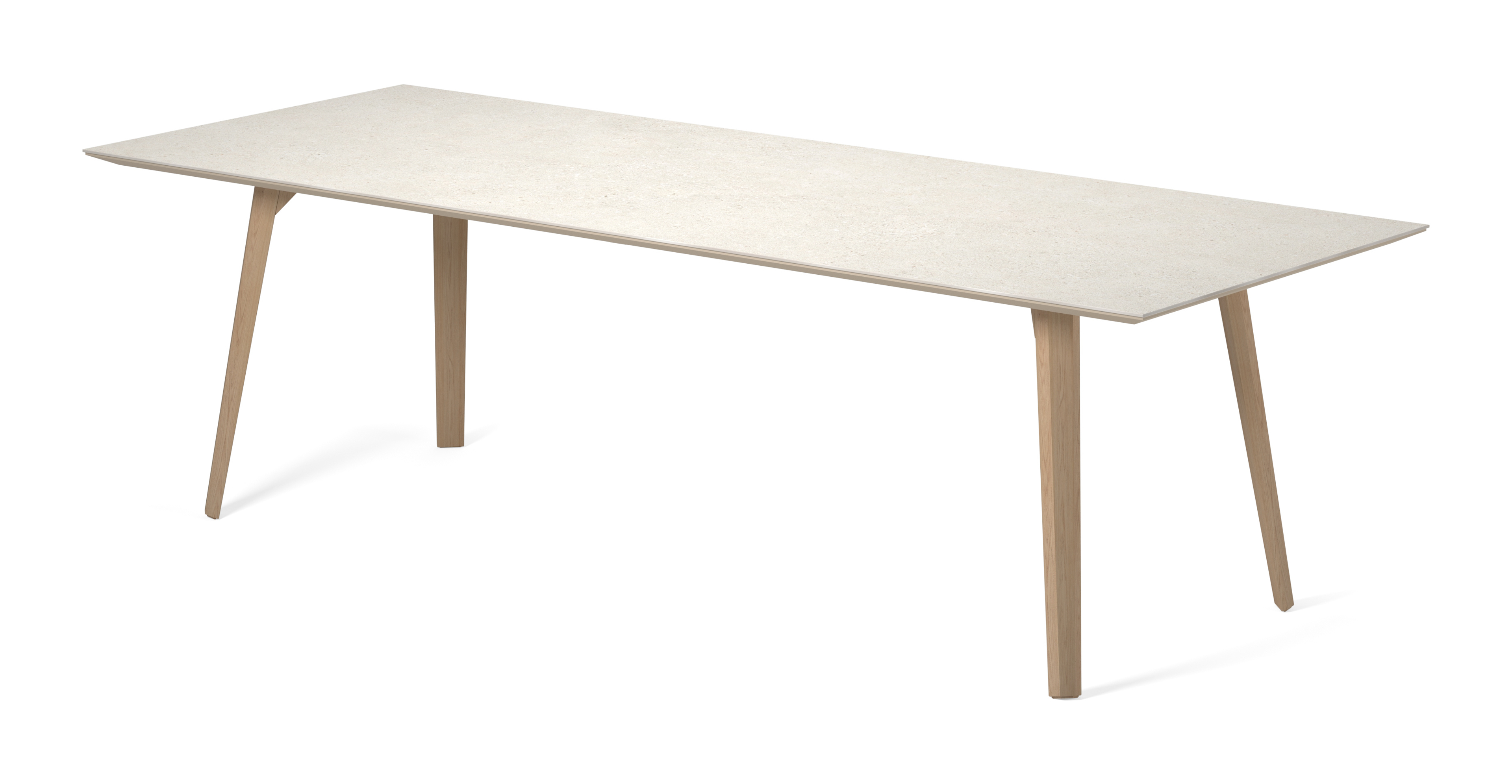 Eettafel Clino onderstel in natuurkleurige eik met rechthoekig volkeramisch Ceramo blad in kleur Shilin 300 x 100 x 77 cm