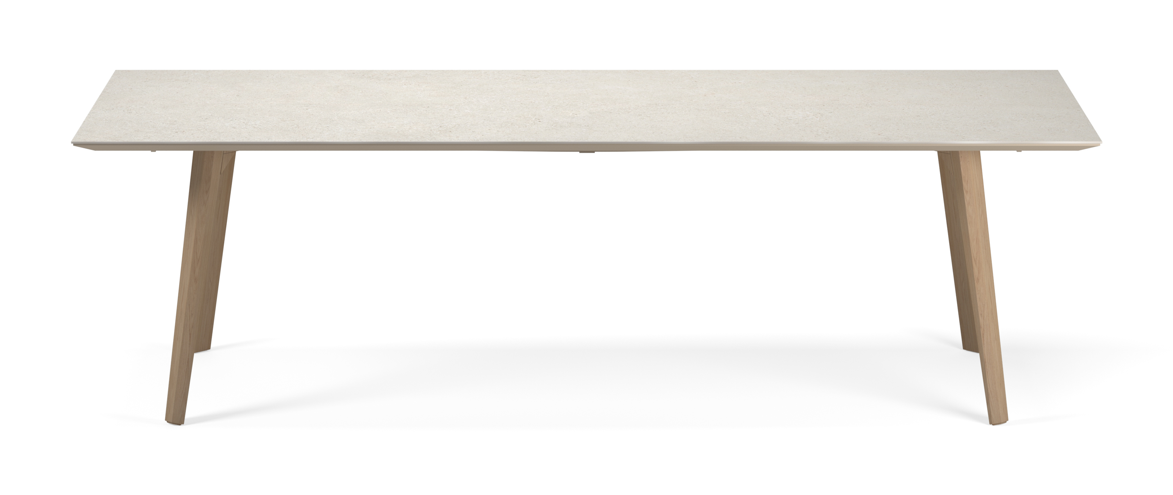Eettafel Clino onderstel in natuurkleurige eik met rechthoekig volkeramisch Ceramo blad in kleur Shilin 300 x 100 x 77 cm