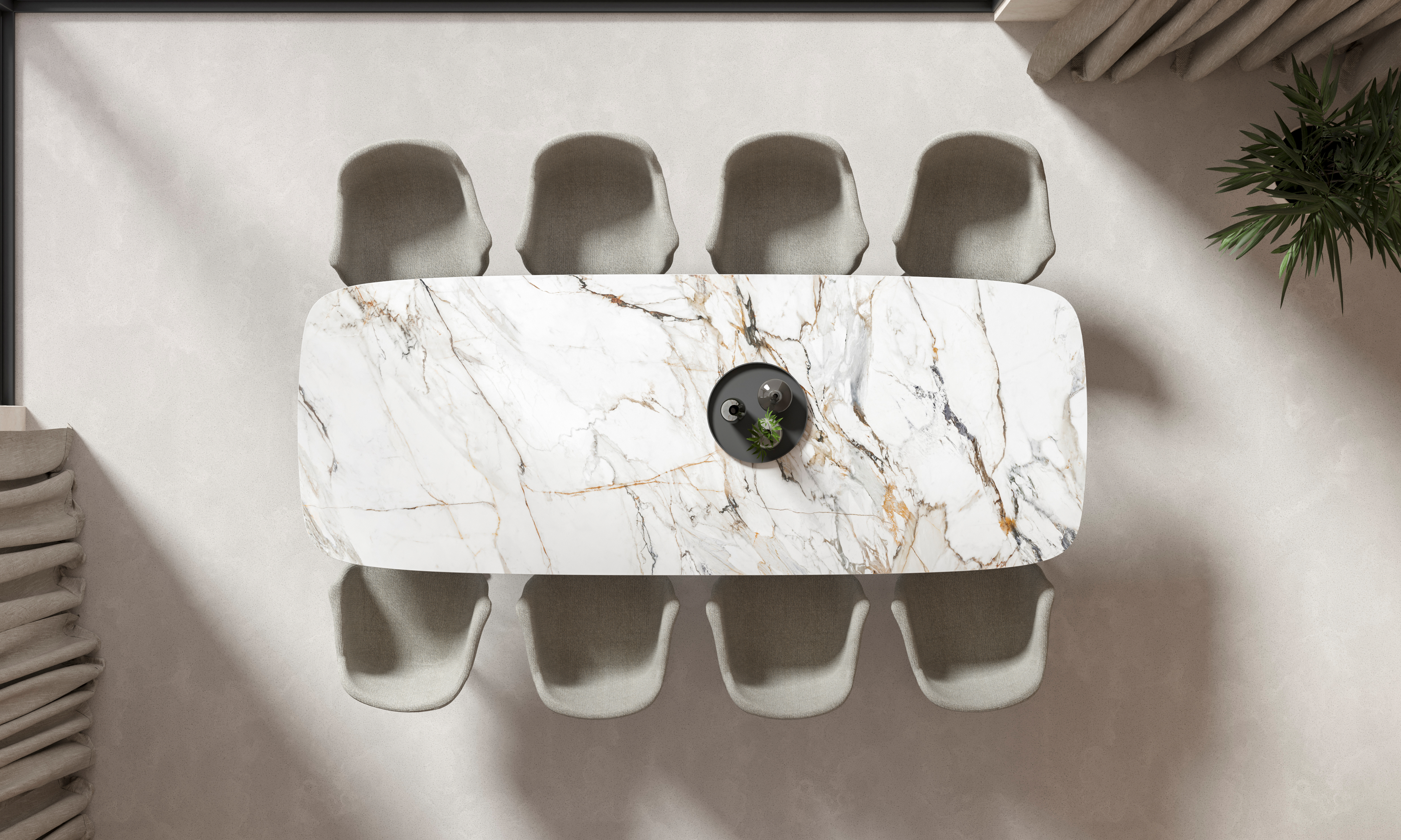 Eettafel Tiendo onderstel in zwart metaal met bootvormig volkeramisch Ceramo blad in kleur Calacatta Luxe 300 x 115 x 77 cm