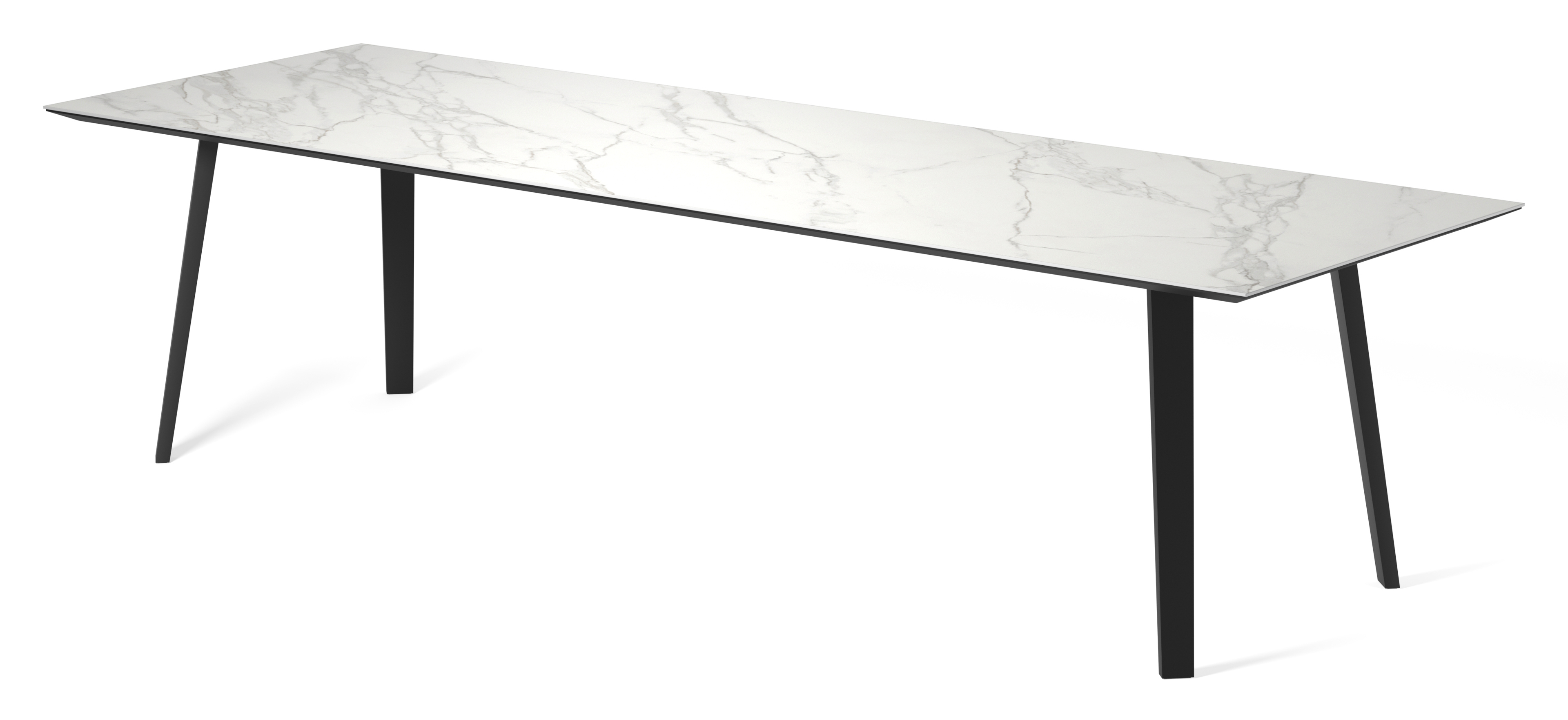 Table de salle à manger Clino armature en métal noir avec plateau Ceramo rectangulaire céramique en couleur Calacatta 300 x 100 x 77 cm