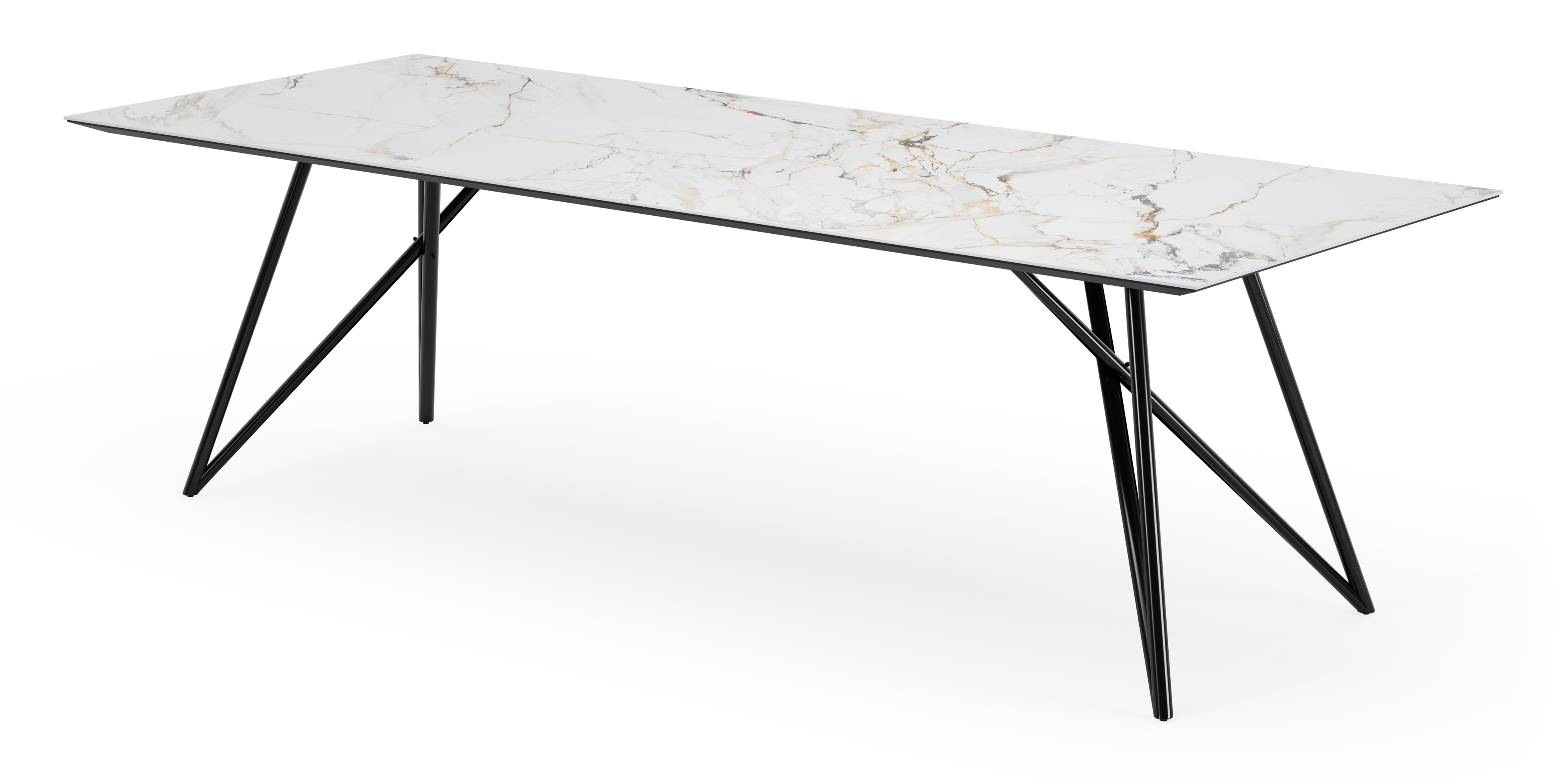 Table de salle à manger Ragno armature en métal noir  avec plateau Ceramo rectangulaire céramique en couleur Calacatta Luxe  260 x 100 x 77 cm