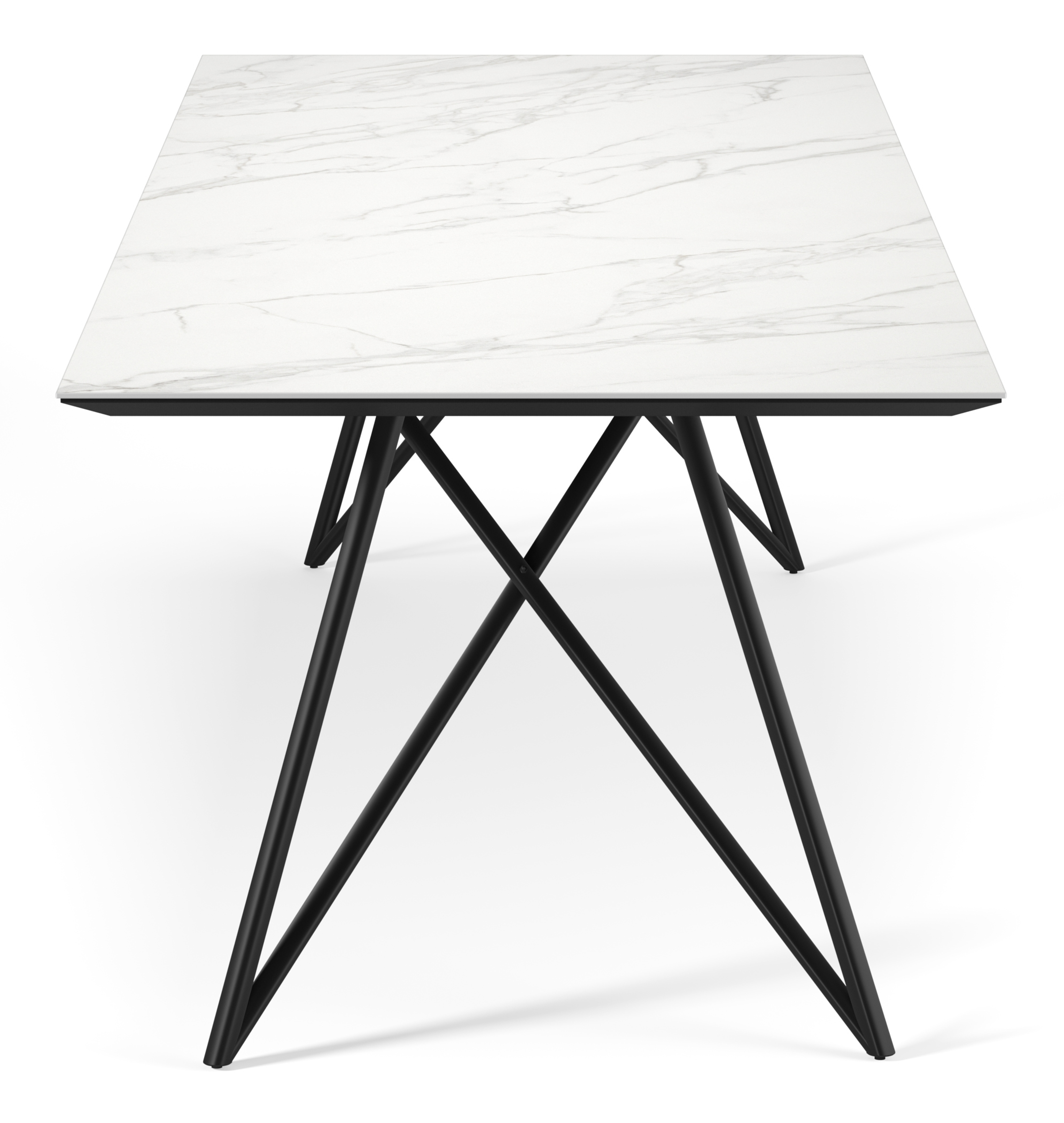 Eettafel Ragno onderstel in zwart metaal met rechthoekig volkeramisch Ceramo blad in kleur Calacatta 300 x 100 x 77 cm