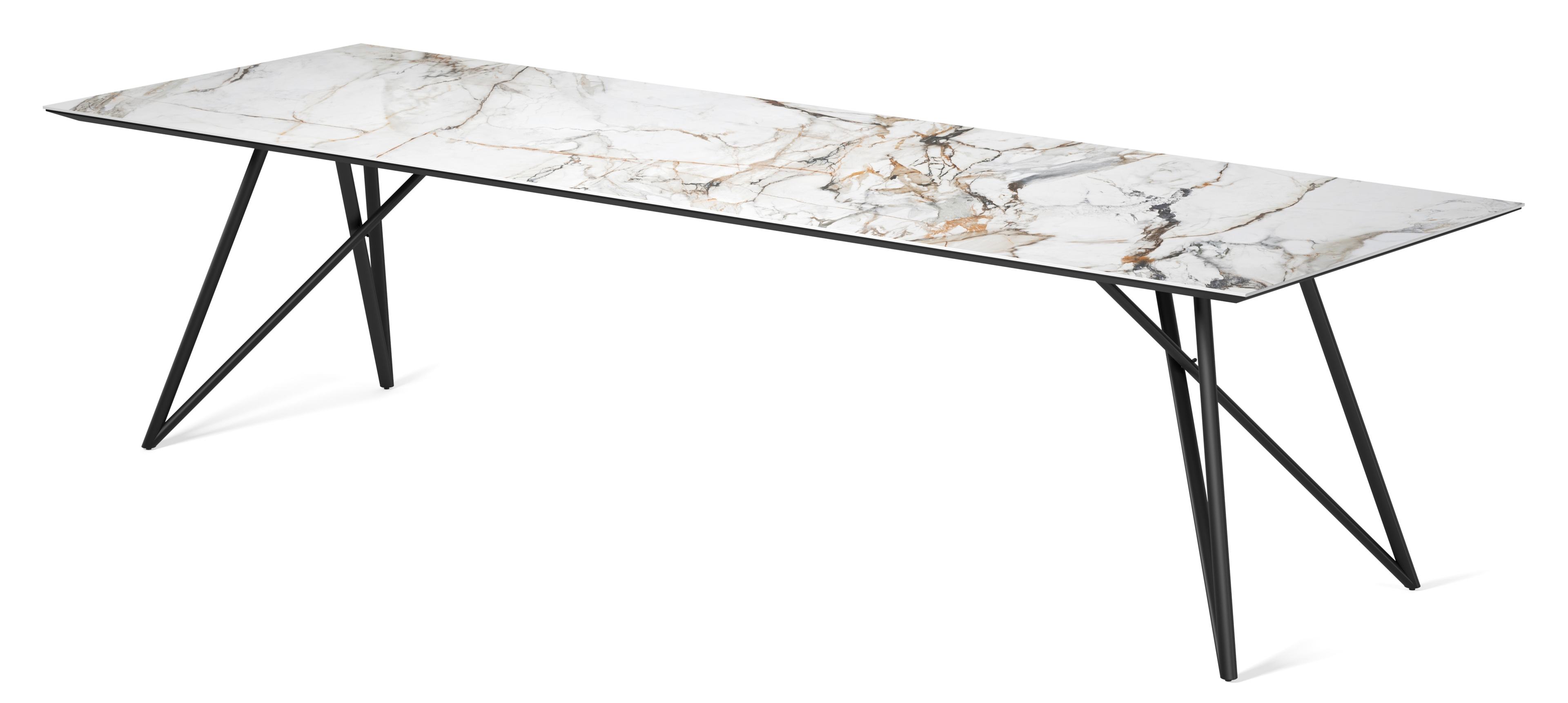 Table de salle à manger Ragno armature en métal noir avec plateau Ceramo rectangulaire céramique en couleur Calacatta Luxe 300 x 100 x 77 cm