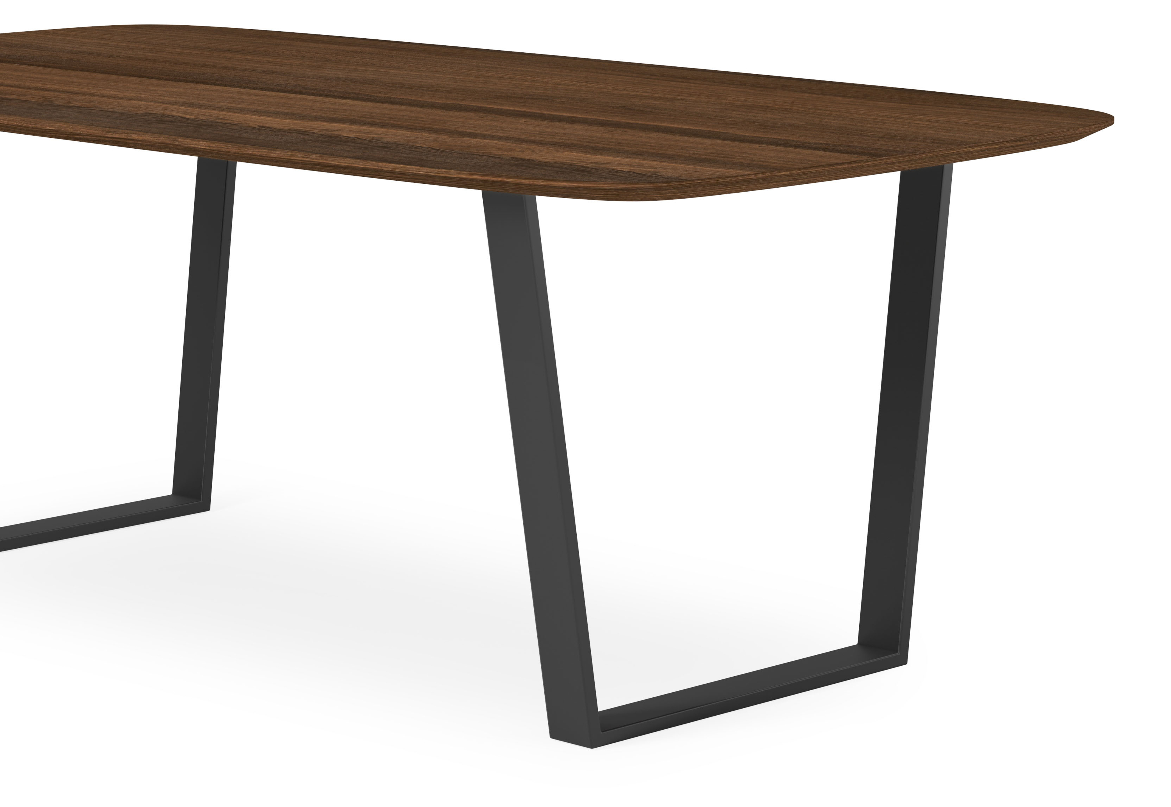 Eettafel Novaro onderstel in zwart metaal met bootvormig Finesso blad in gerookte eik 220 x 105 x 77 cm
