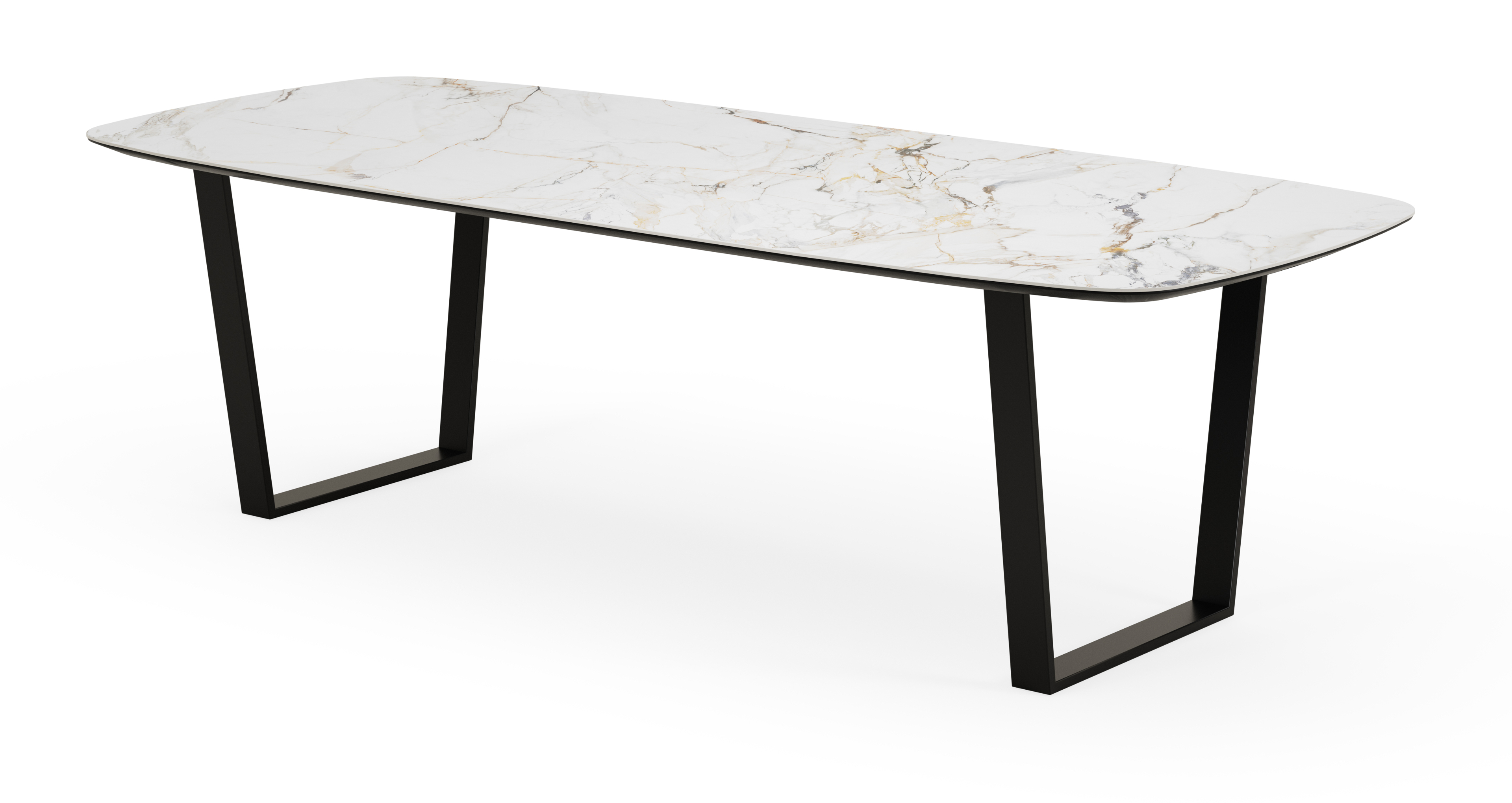 Eettafel Novaro onderstel in zwart metaal met bootvormig volkeramisch Ceramo blad in kleur Calacatta Luxe  260 x 110 x 77 cm