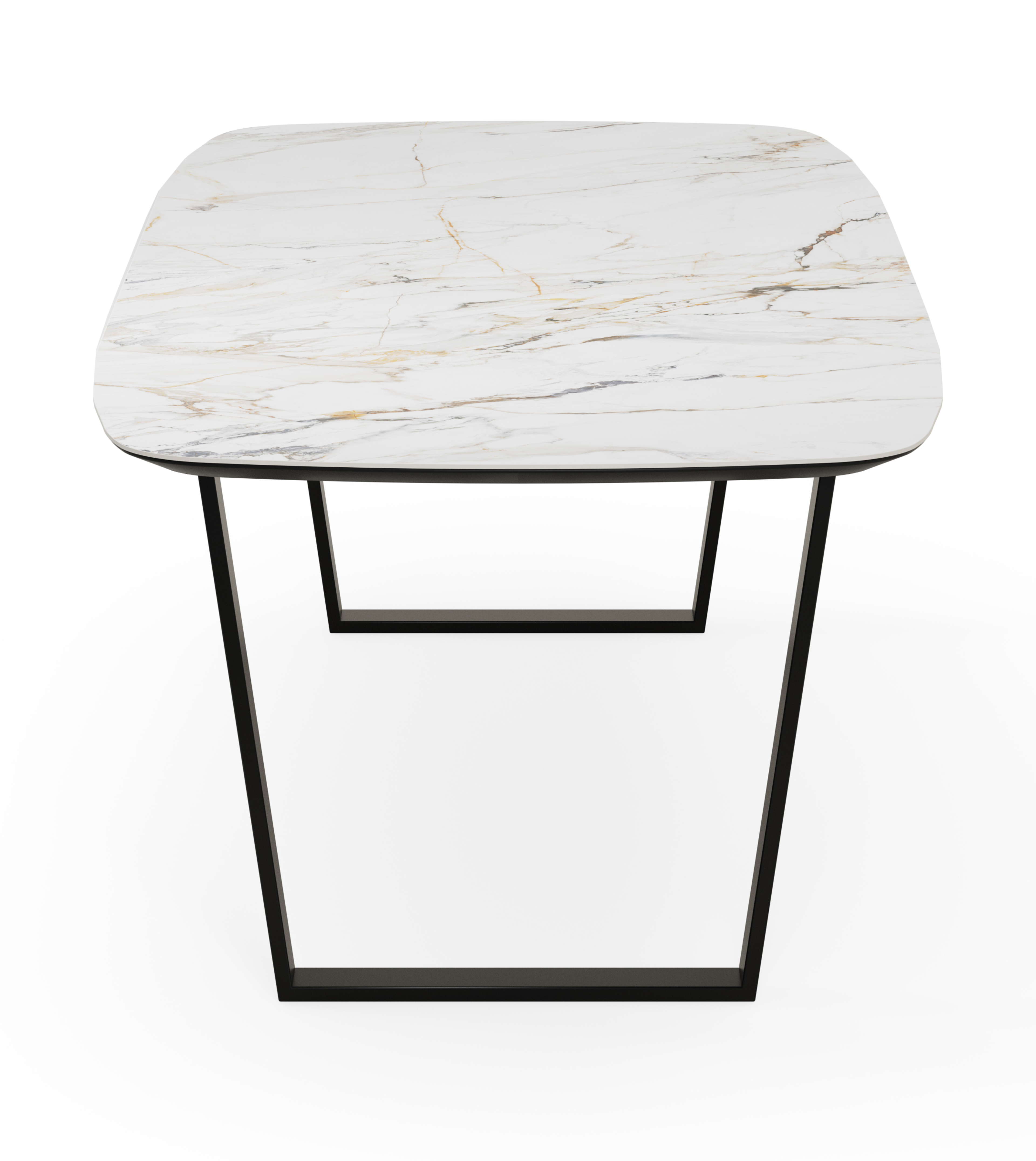 Eettafel Novaro onderstel in zwart metaal met bootvormig volkeramisch Ceramo blad in kleur Calacatta Luxe  260 x 110 x 77 cm