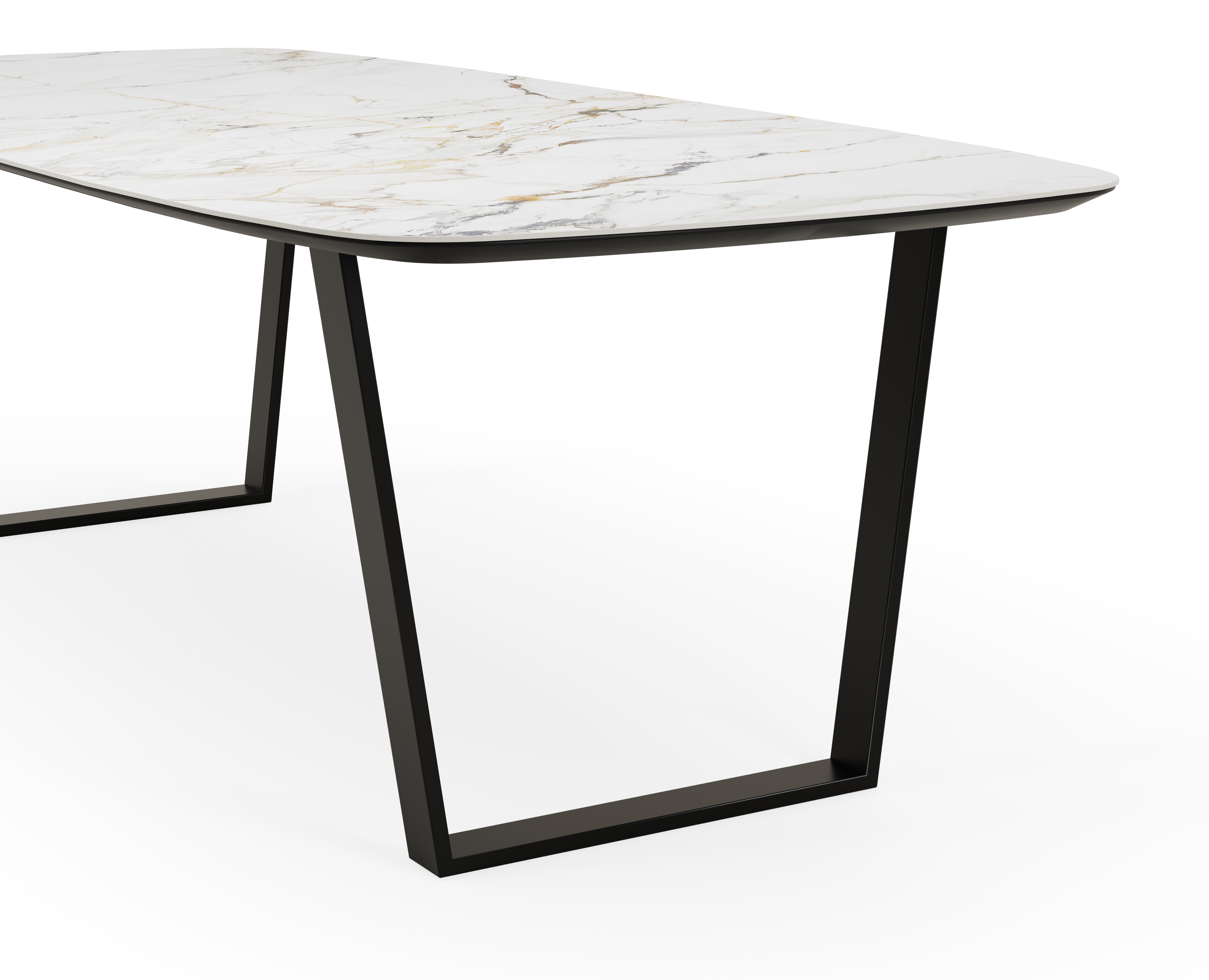 Eettafel Novaro onderstel in zwart metaal met bootvormig volkeramisch Ceramo blad in kleur Calacatta Luxe  260 x 110 x 77 cm