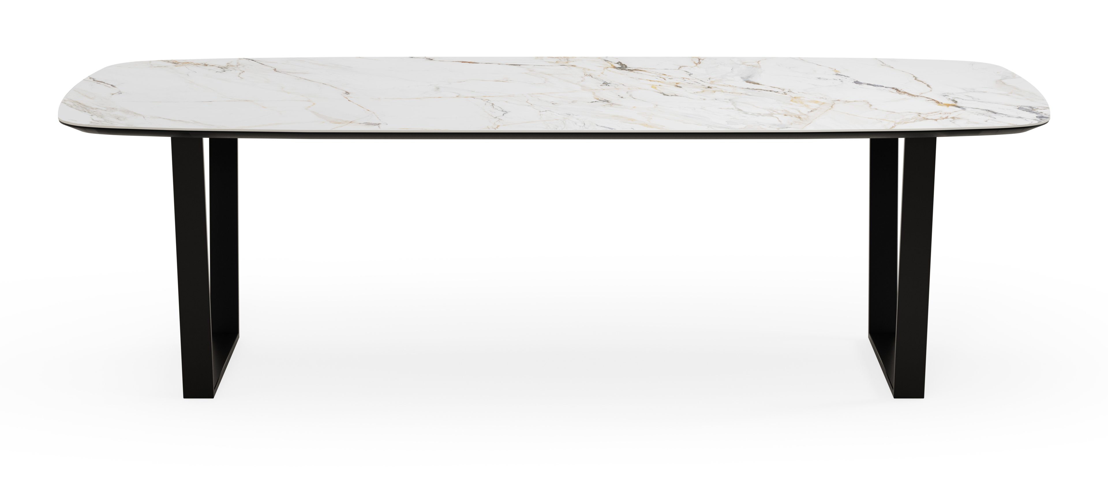 Eettafel Novaro onderstel in zwart metaal met bootvormig volkeramisch Ceramo blad in kleur Calacatta Luxe  260 x 110 x 77 cm