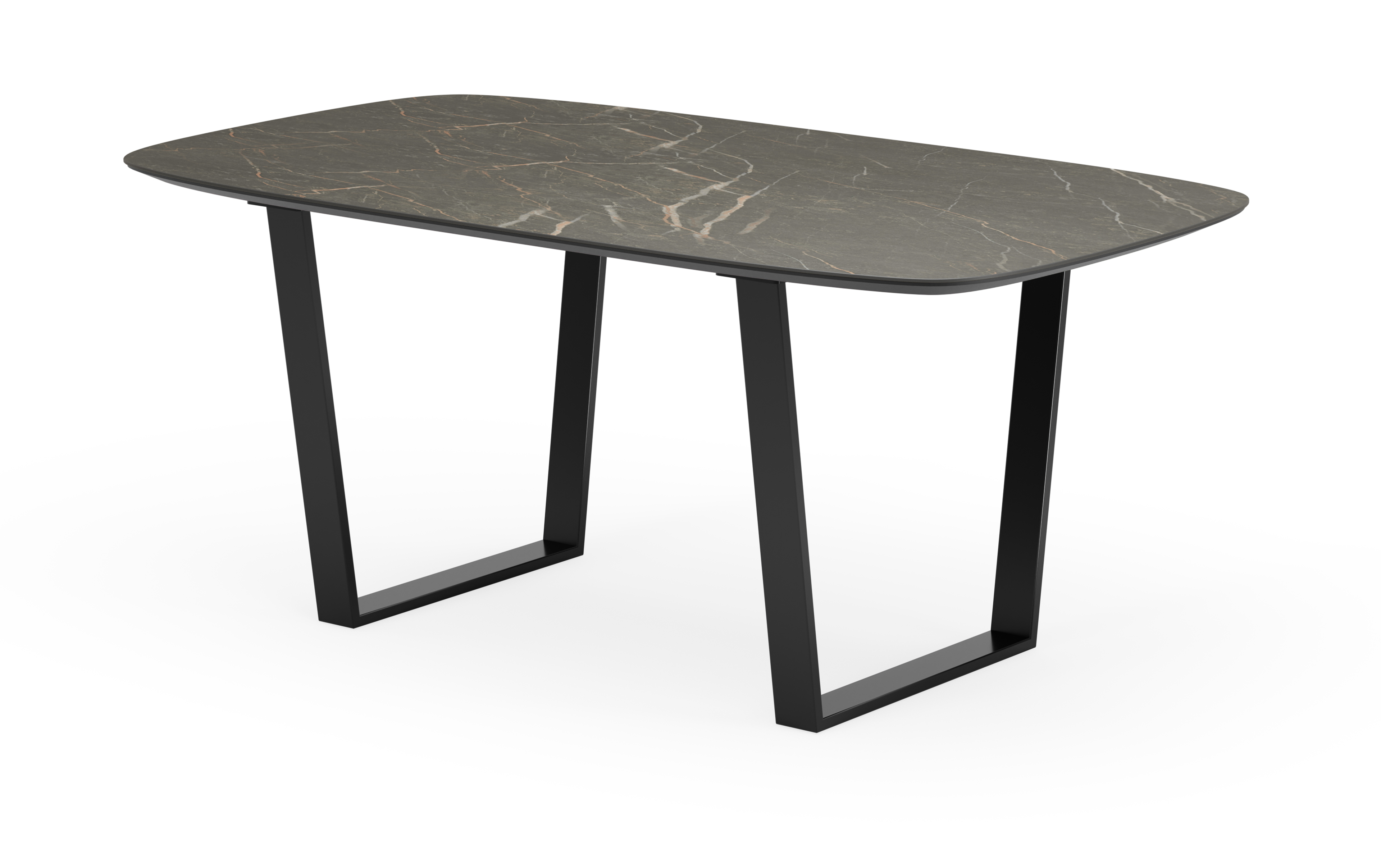 Eettafel Novaro onderstel in zwart metaal met bootvormig volkeramisch Ceramo blad in kleur Black Obsession 180 x 100 x 77 cm