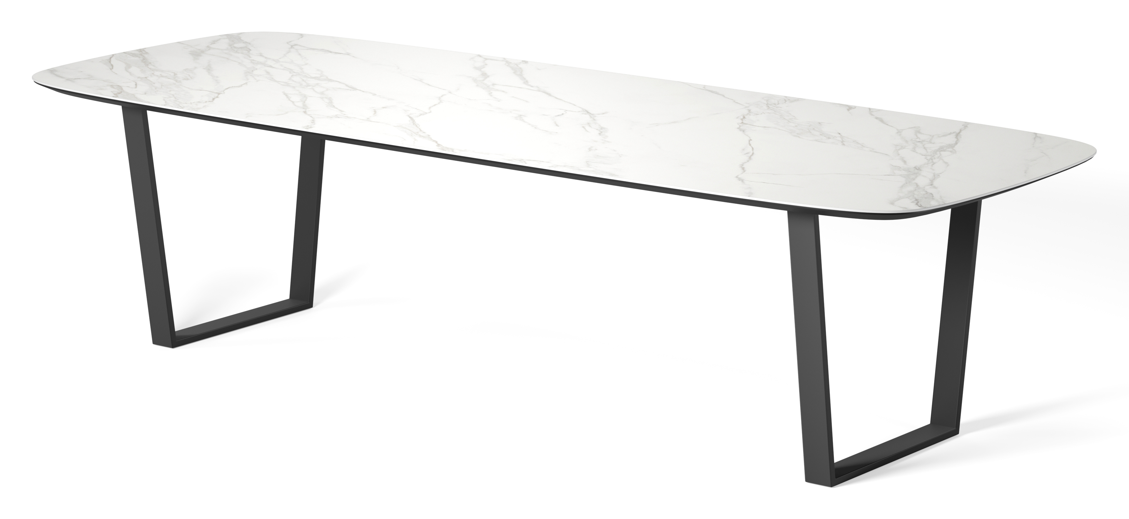 Eettafel Novaro onderstel in zwart metaal met bootvormig volkeramisch Ceramo blad in kleur Calacatta 300 x 115 x 77 cm