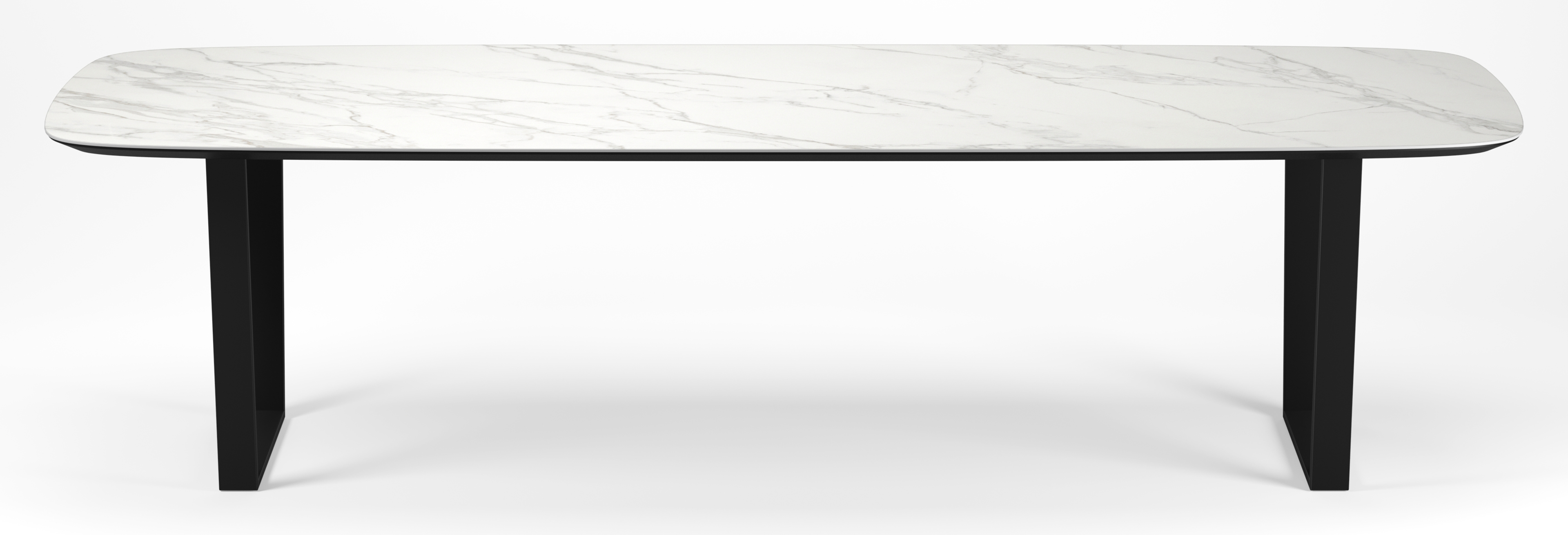 Eettafel Novaro onderstel in zwart metaal met bootvormig volkeramisch Ceramo blad in kleur Calacatta 300 x 115 x 77 cm