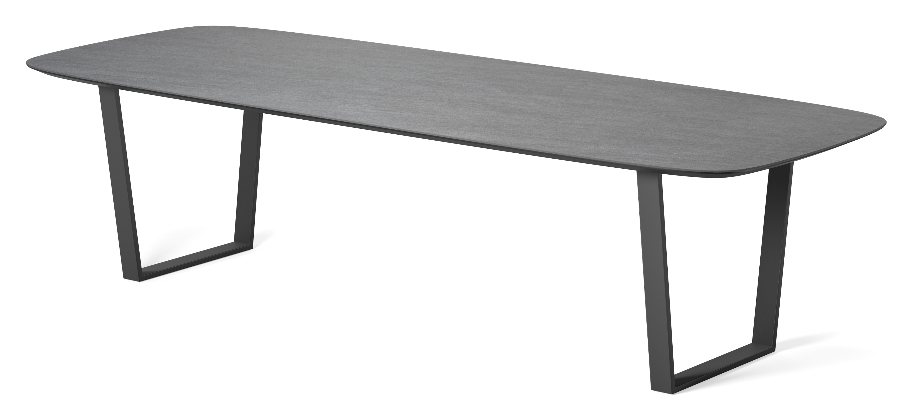 Table de salle à manger Novaro armature en métal noir avec plateau Ceramo forme arrondi en céramique en couleur Basalt Black 300 x 115 x 77 cm