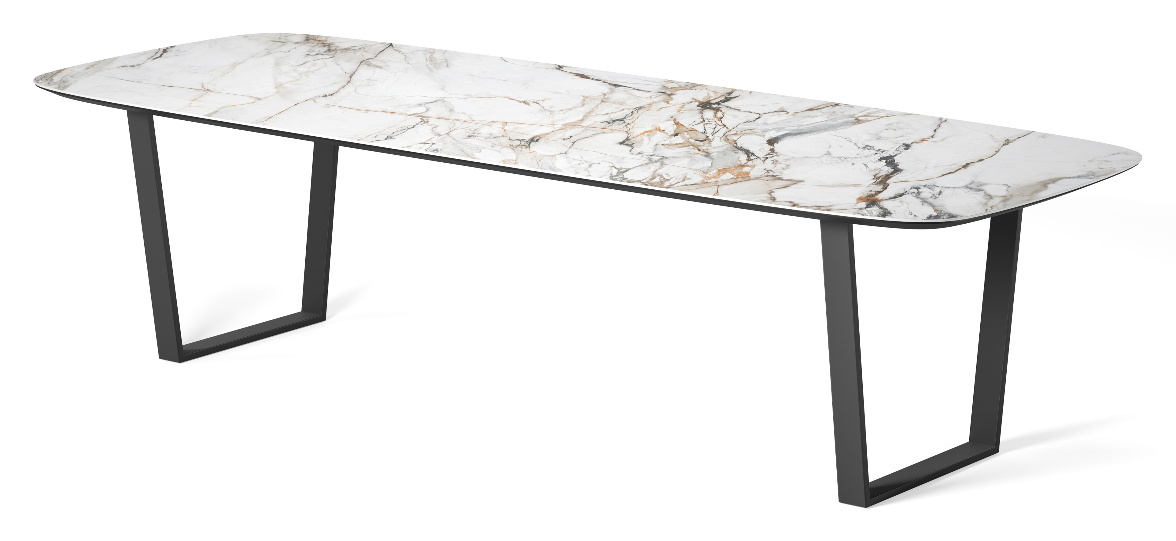 Eettafel Novaro onderstel in zwart metaal met bootvormig volkeramisch Ceramo blad in kleur Calacatta Luxe  300 x 115 x 77 cm