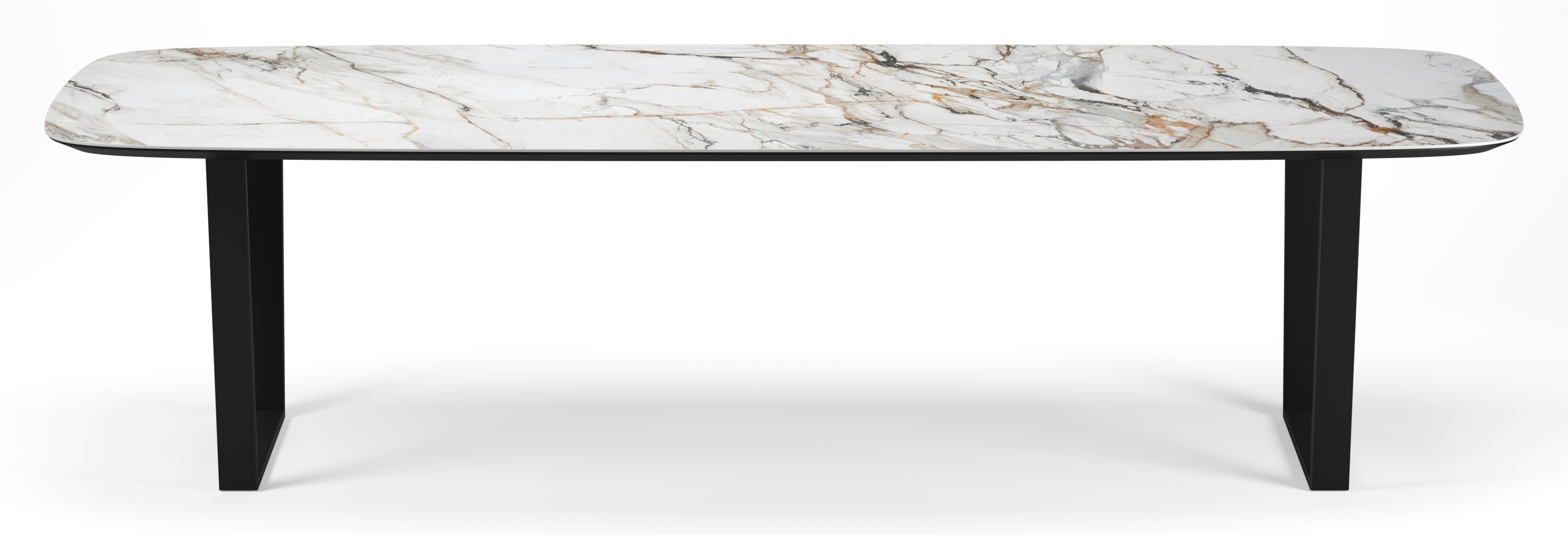 Eettafel Novaro onderstel in zwart metaal met bootvormig volkeramisch Ceramo blad in kleur Calacatta Luxe  300 x 115 x 77 cm