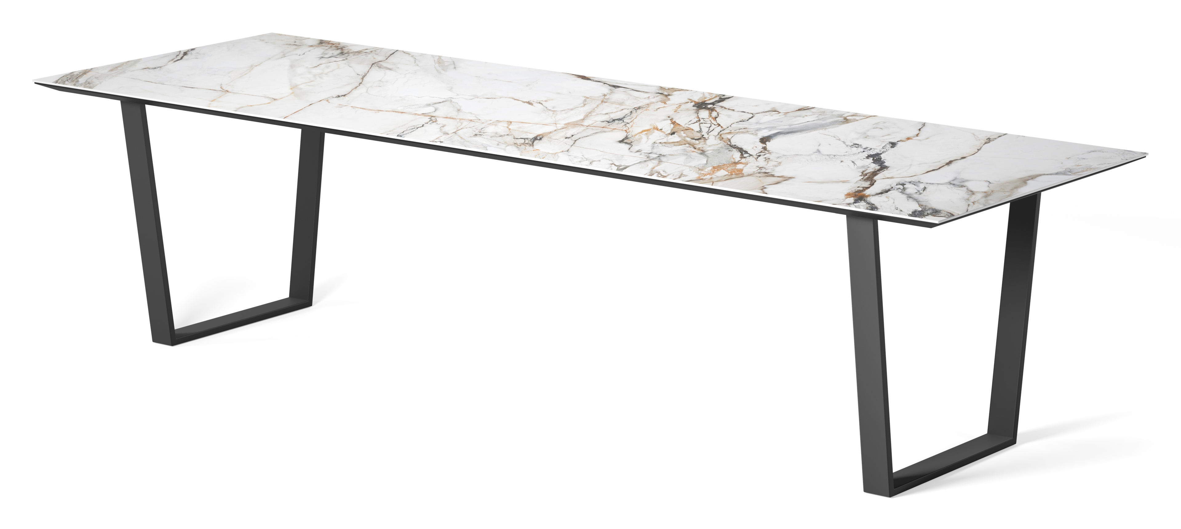 Table de salle à manger Novaro armature en métal noir avec plateau Ceramo rectangulaire céramique en couleur Calacatta Luxe 300 x 100 x 77 cm