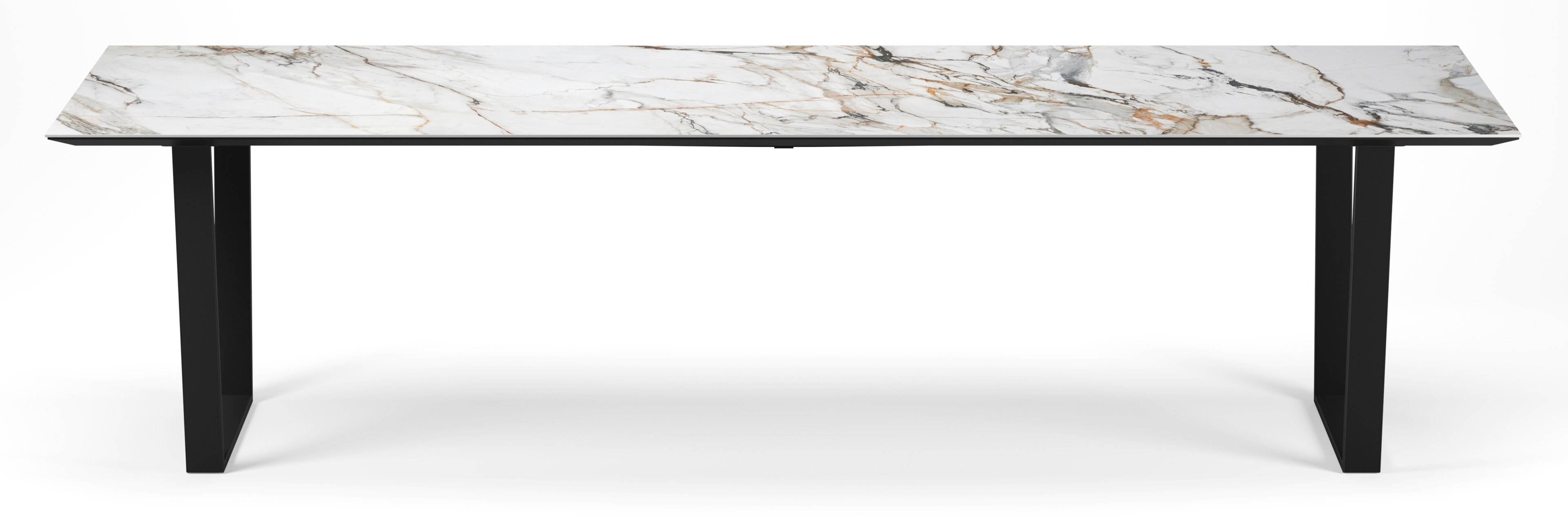 Table de salle à manger Novaro armature en métal noir avec plateau Ceramo rectangulaire céramique en couleur Calacatta Luxe 300 x 100 x 77 cm