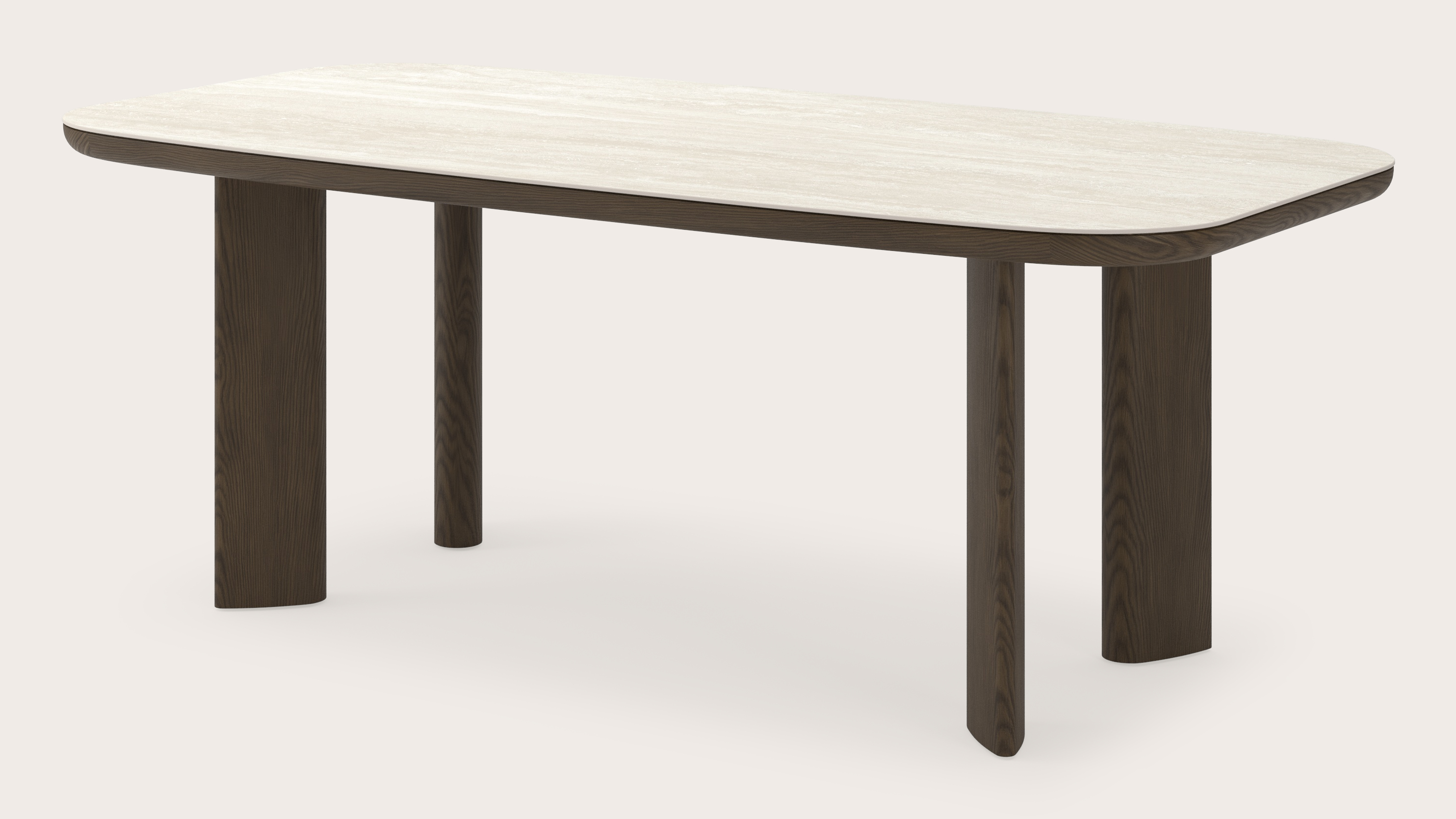 Eettafel Trevoni onderstel in gerookte eik met rond keramisch blad in kleur Travertin 200 x 100 x 76  cm