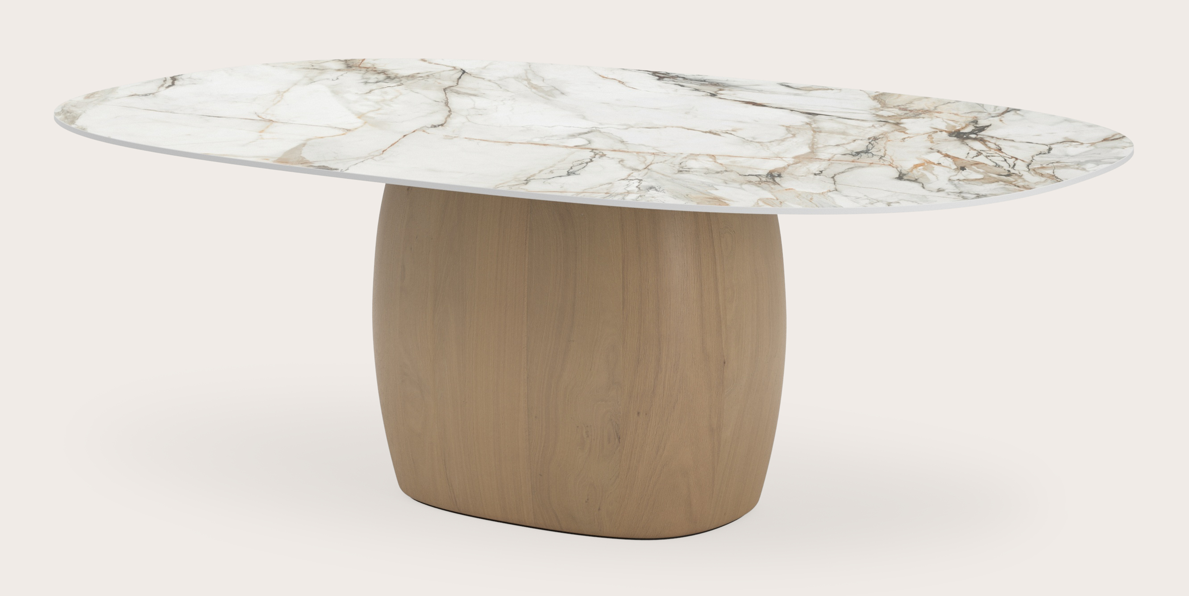 Eettafel Volanto onderstel in natuurkleurige eik met stadiumvormig volkeramisch Ceramo Lux eettafelblad in kleur Calacatta Luxe 220x140 cm