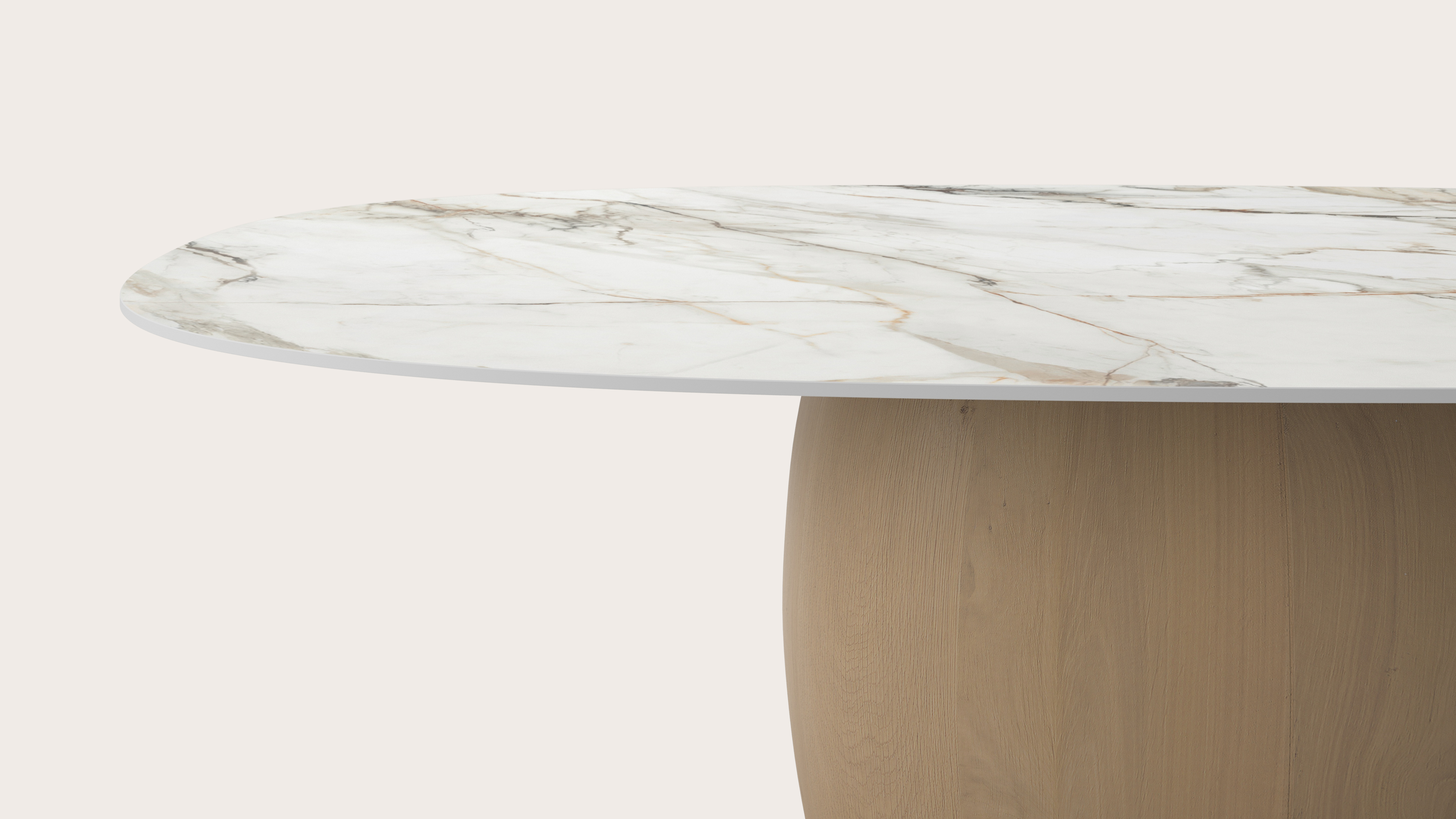 Eettafel Volanto onderstel in natuurkleurige eik met stadiumvormig volkeramisch Ceramo Lux eettafelblad in kleur Calacatta Luxe 220x140 cm