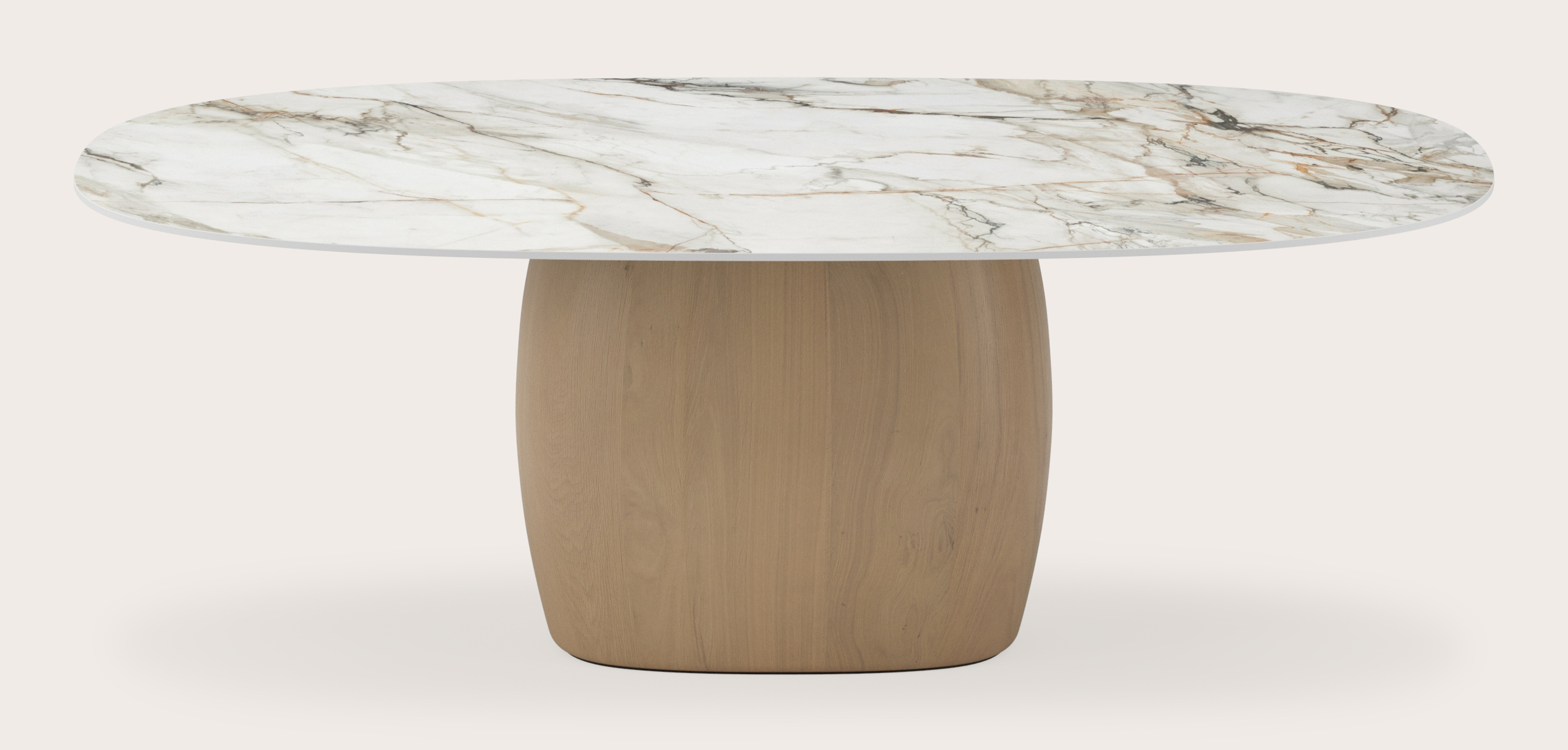 Eettafel Volanto onderstel in natuurkleurige eik met stadiumvormig volkeramisch Ceramo Lux eettafelblad in kleur Calacatta Luxe 220x140 cm