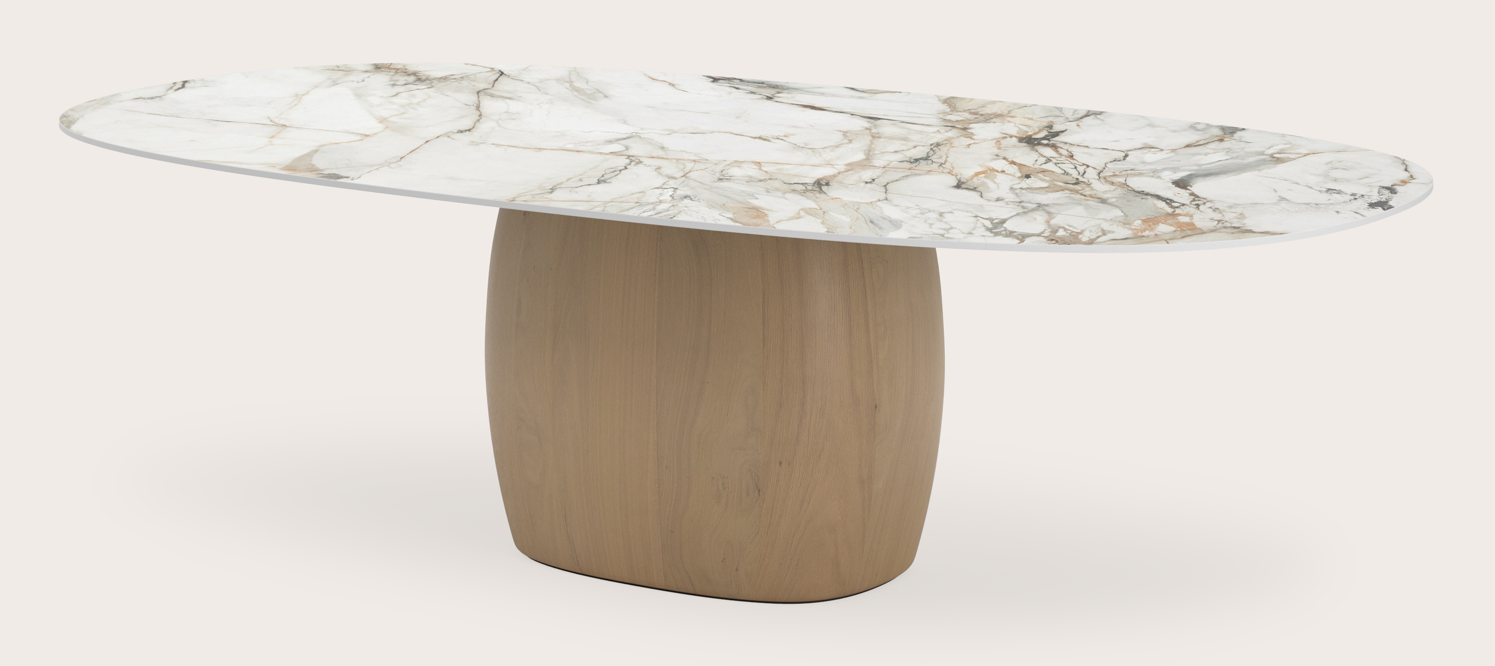 Eettafel Volanto onderstel in natuurkleurige eik met stadiumvormig volkeramisch Ceramo Lux eettafelblad in kleur  Calacatta Luxe 260x140 cm
