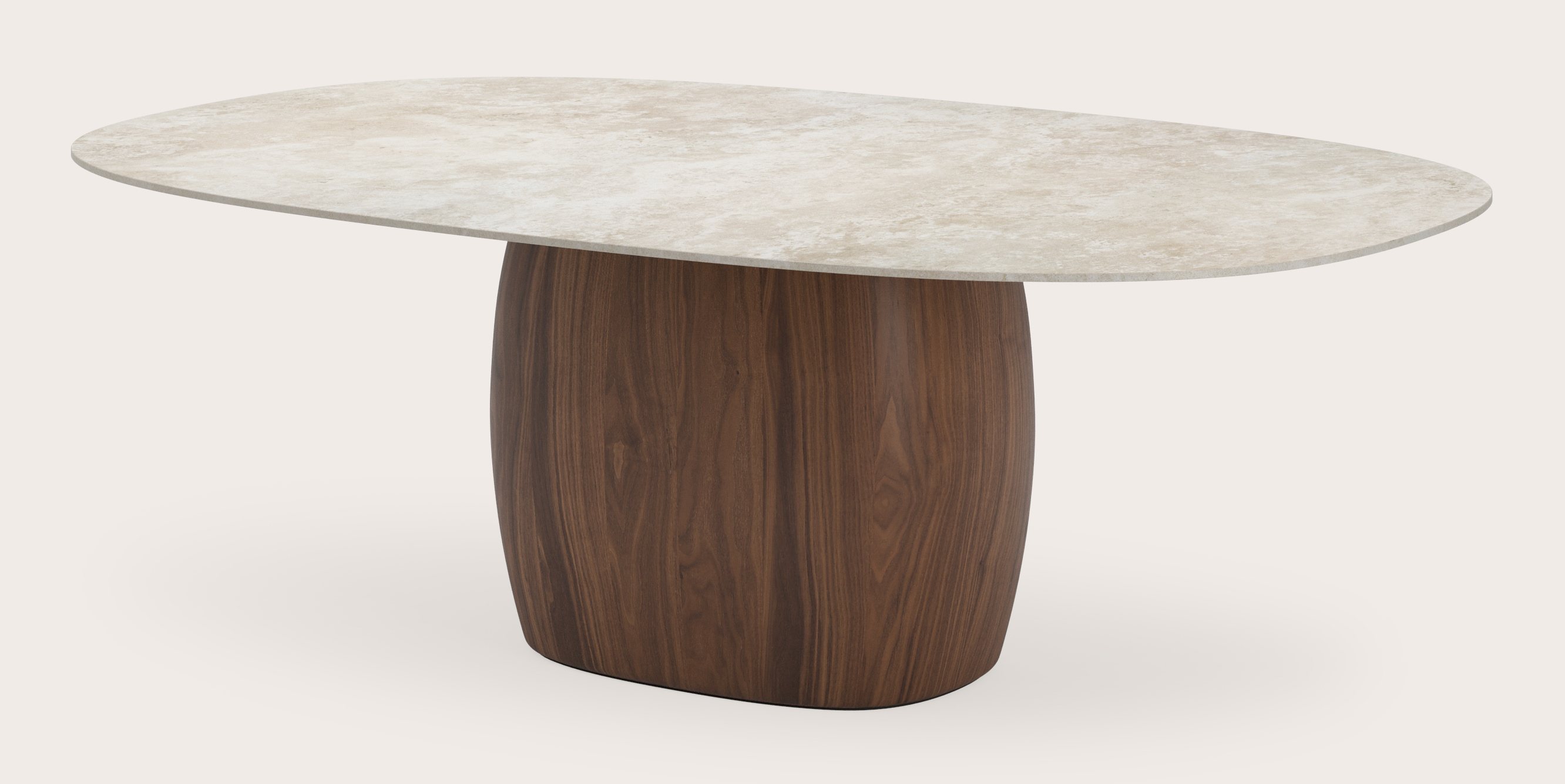 Eettafel Volanto onderstel in walnoot met stadiumvormig volkeramisch Ceramo Lux eettafelblad in kleur Rapolano 220x140 cm